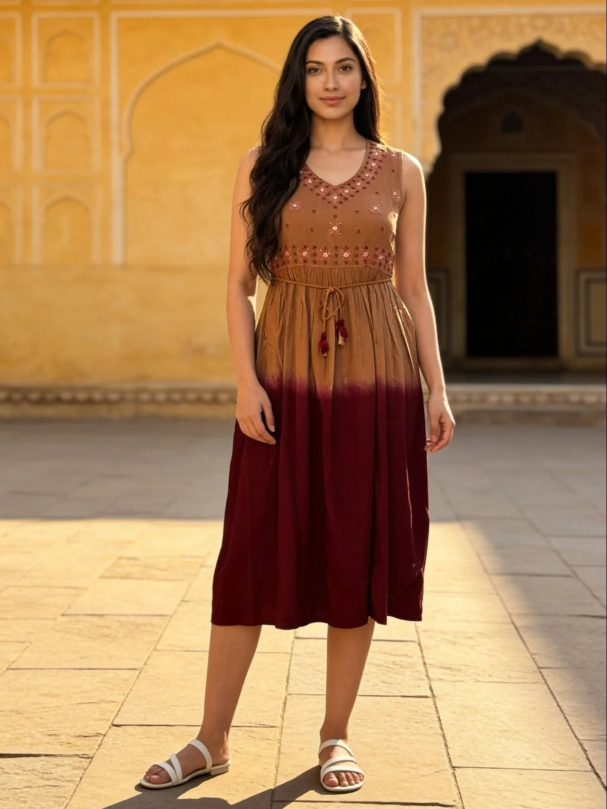 Buy Wine Rayon Embroidered Flared Calf Length Dress-Wine