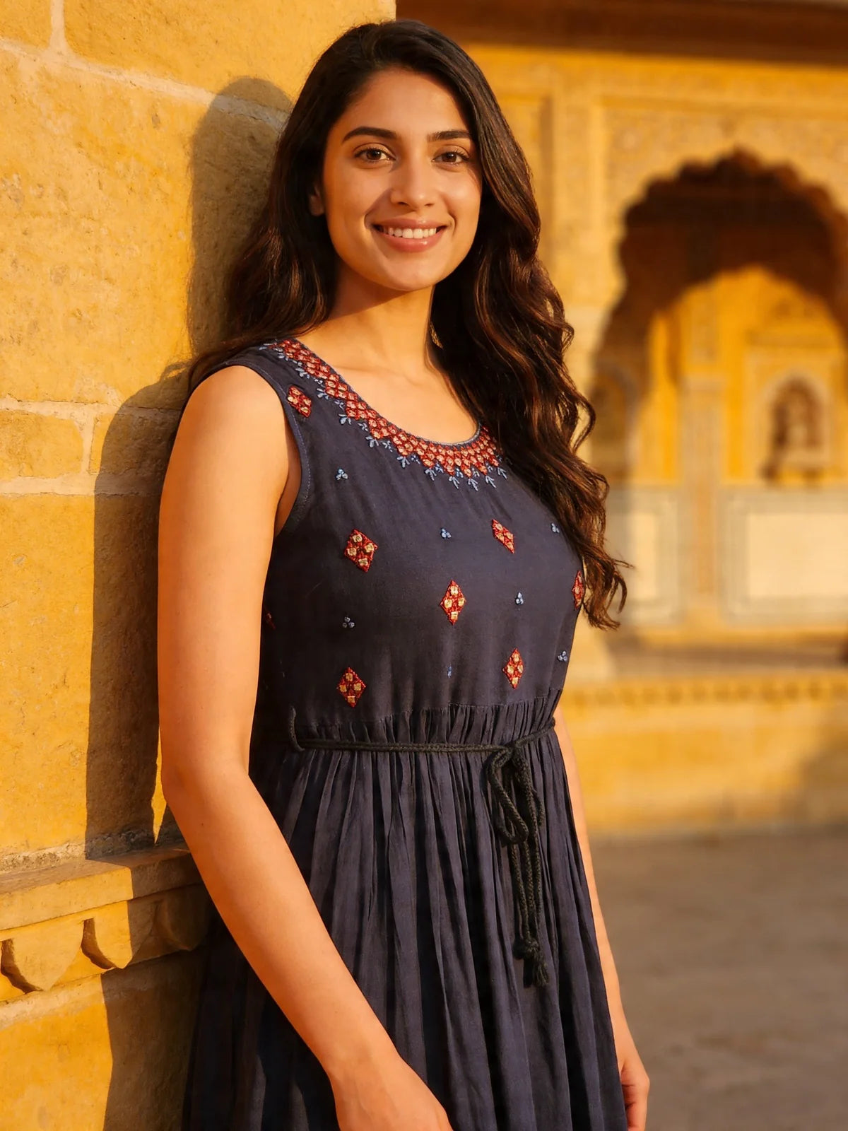 Buy Rayon Embroidered Flared Calf Length Dress-Blue
