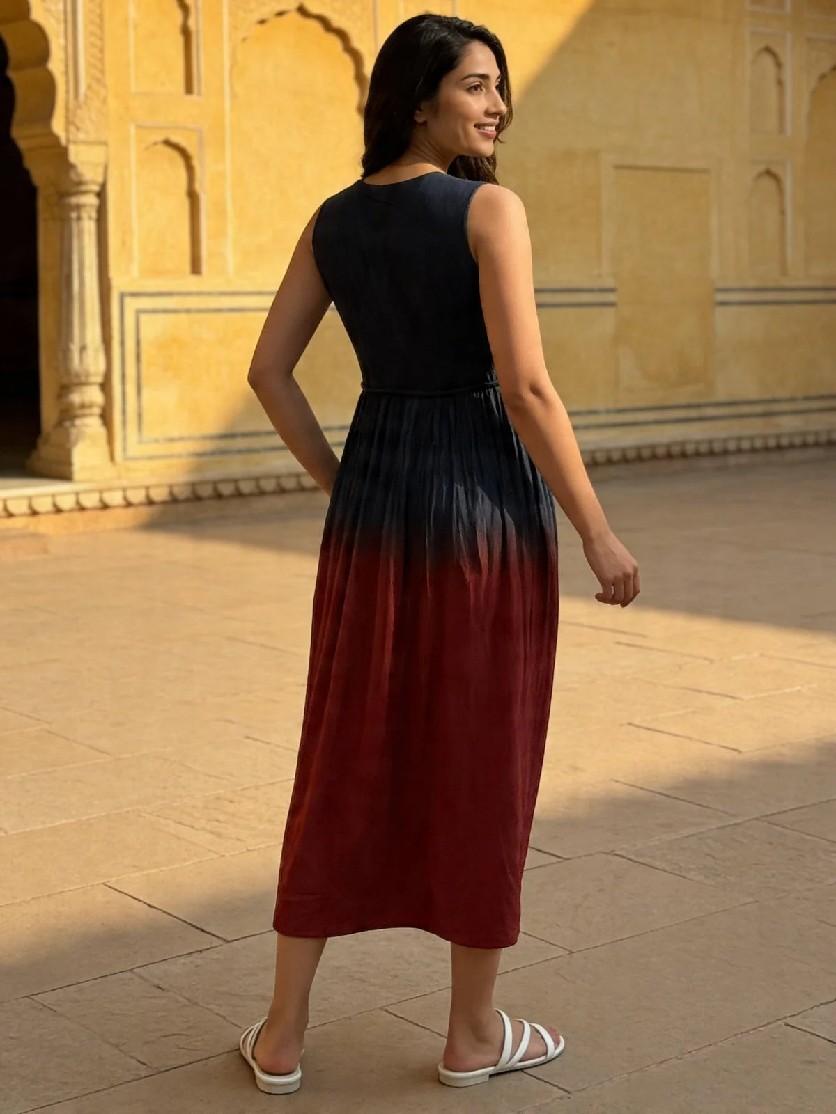 Buy Rayon Embroidered Flared Calf Length Dress-Blue