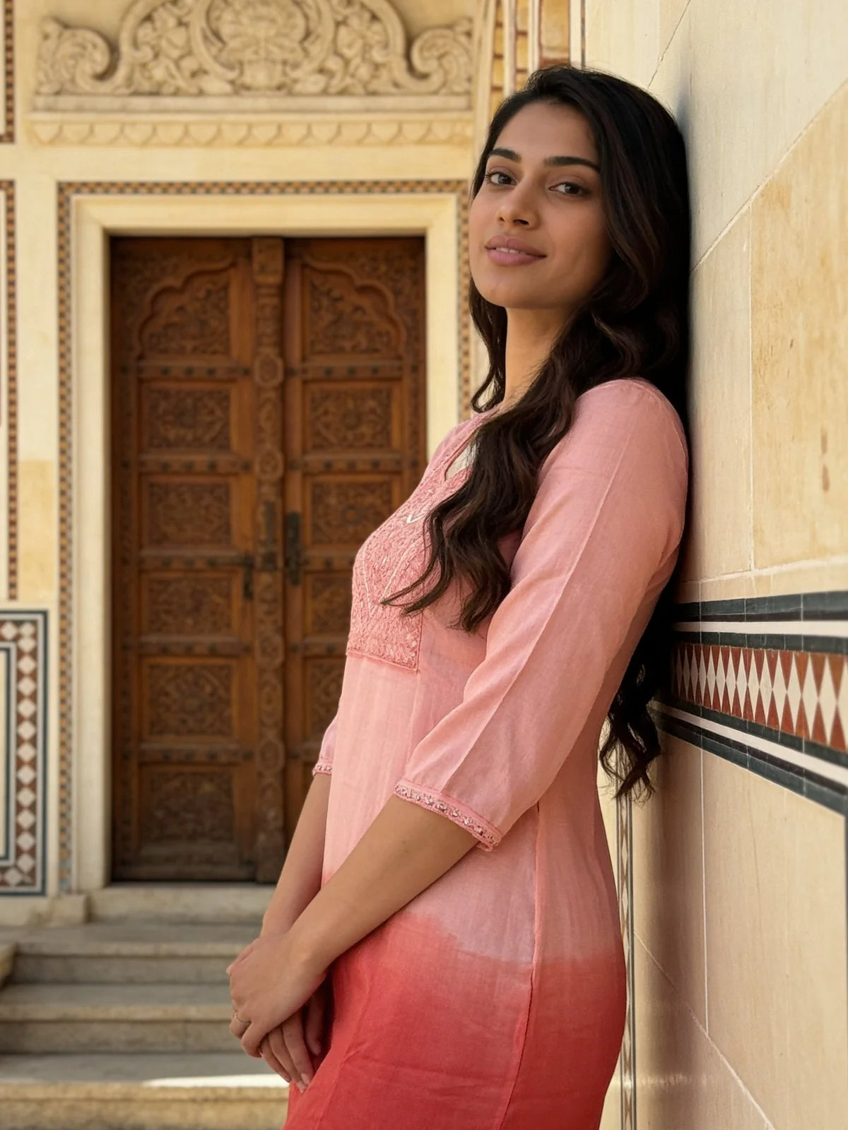 Buy Rayon Embroidered Straight Calf Length Kurta-Pink