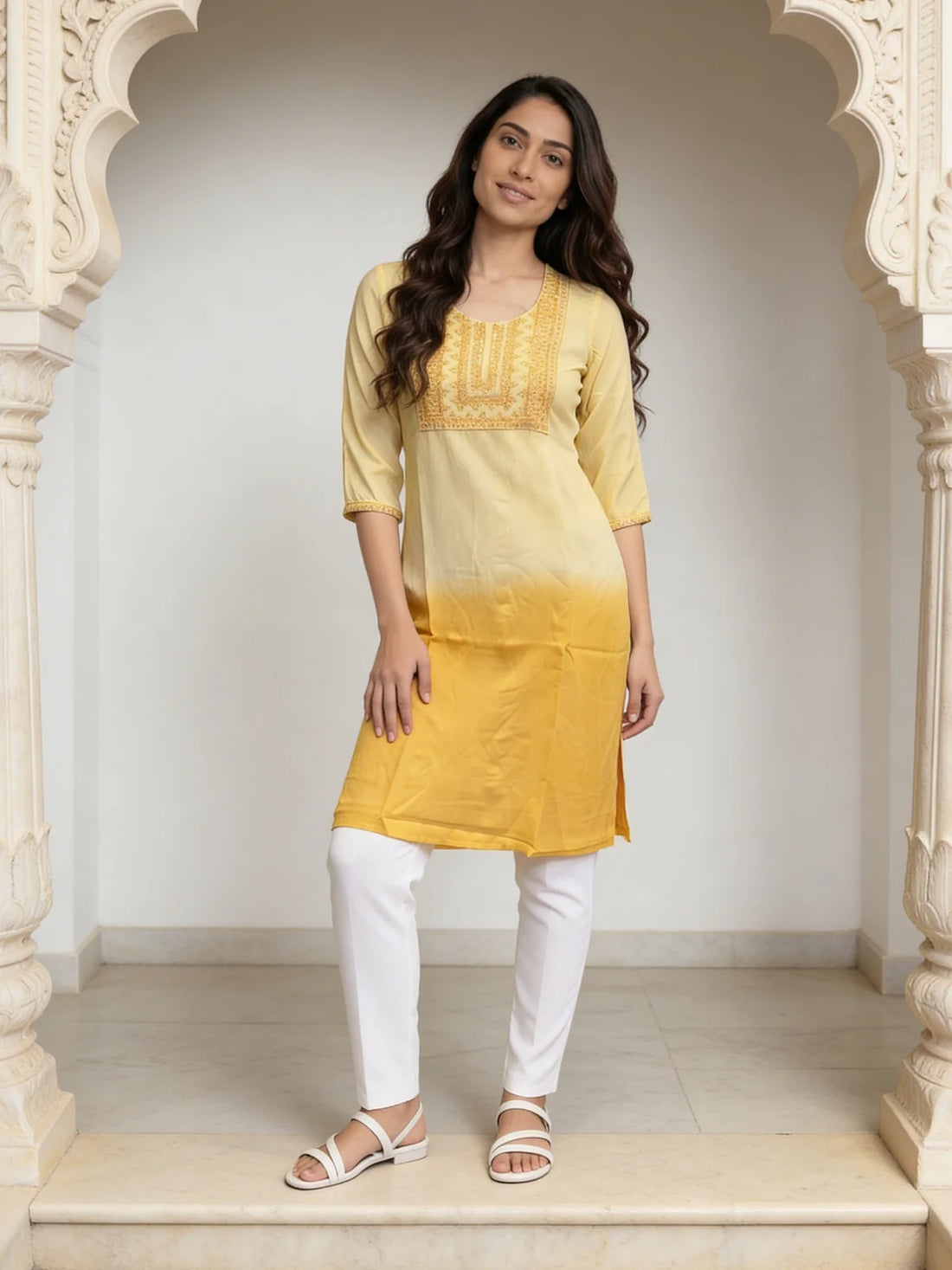 Buy Rayon Embroidered Straight Calf Length Kurta-Mustard