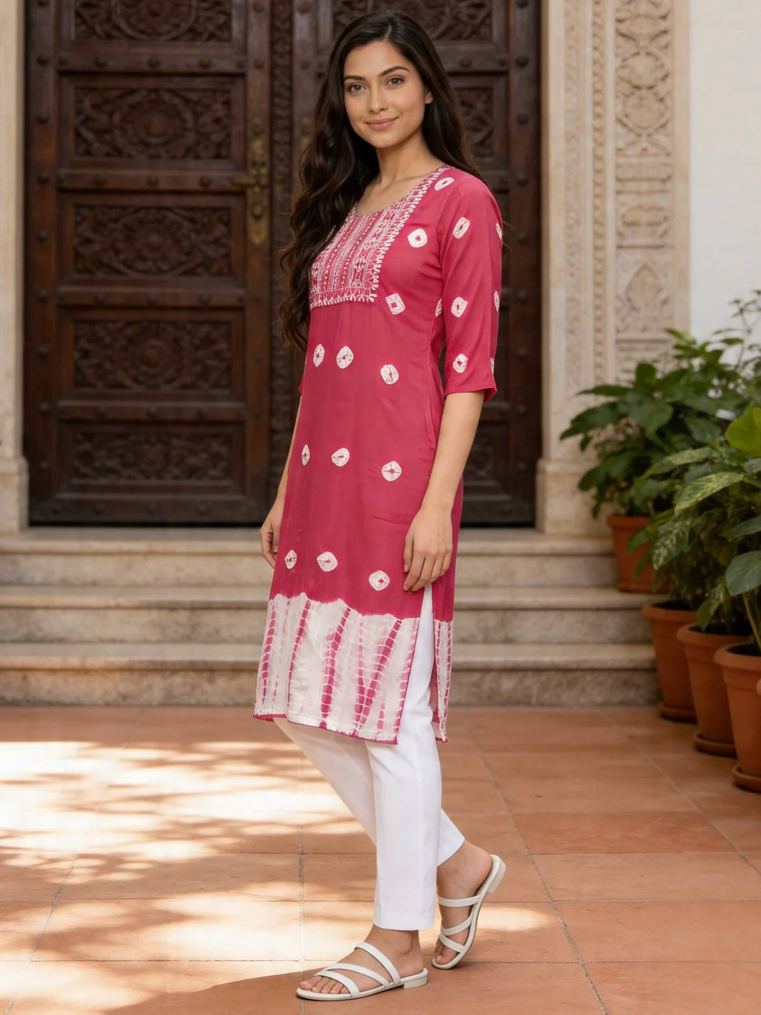 Buy Rayon Embroidered Straight Calf Length Kurta-Pink