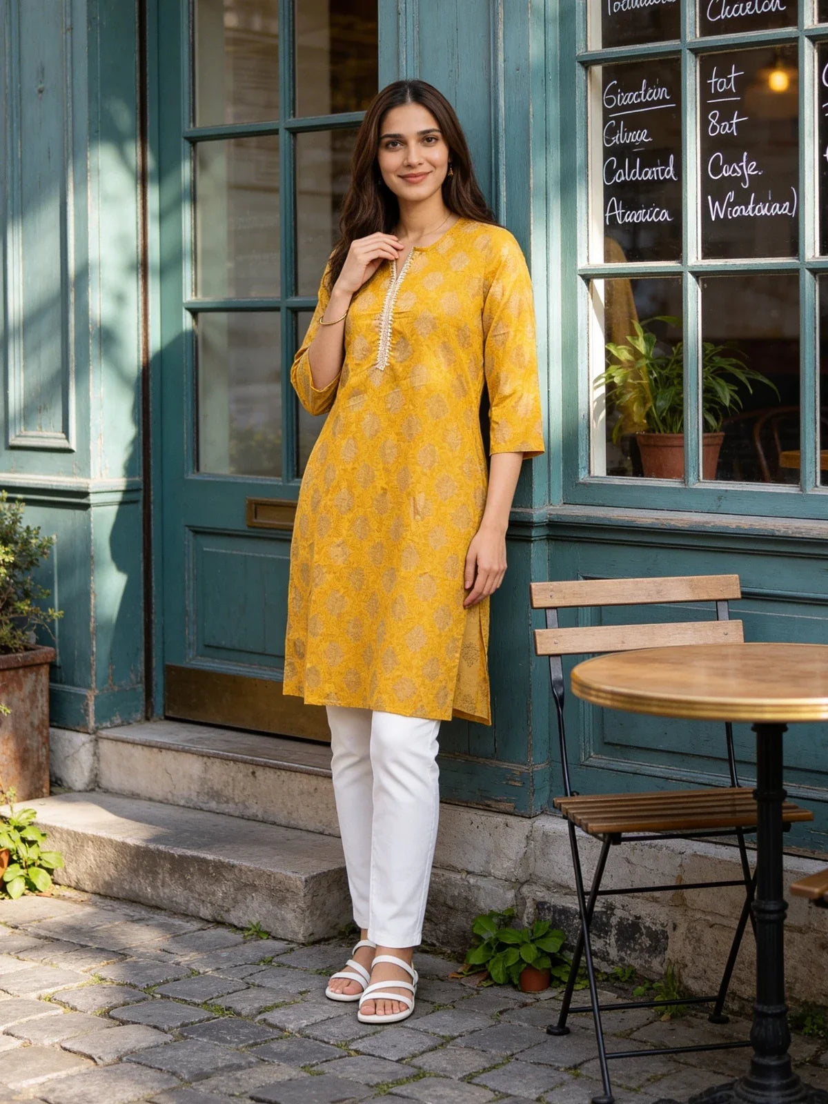 Buy Cotton Printed Straight Knee Length Kurta-Yellow