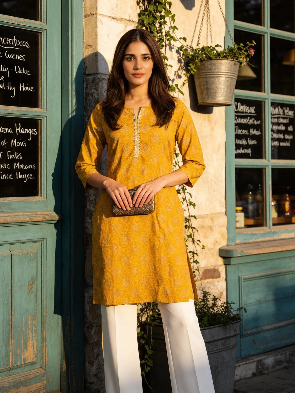 Buy Cotton Printed Straight Knee Length Kurta-Yellow