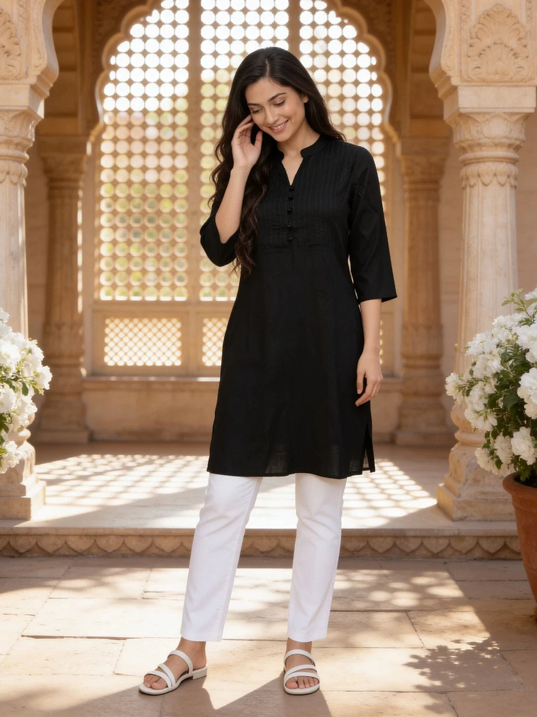 Buy Cotton Solid Straight Knee Length Kurta-Black