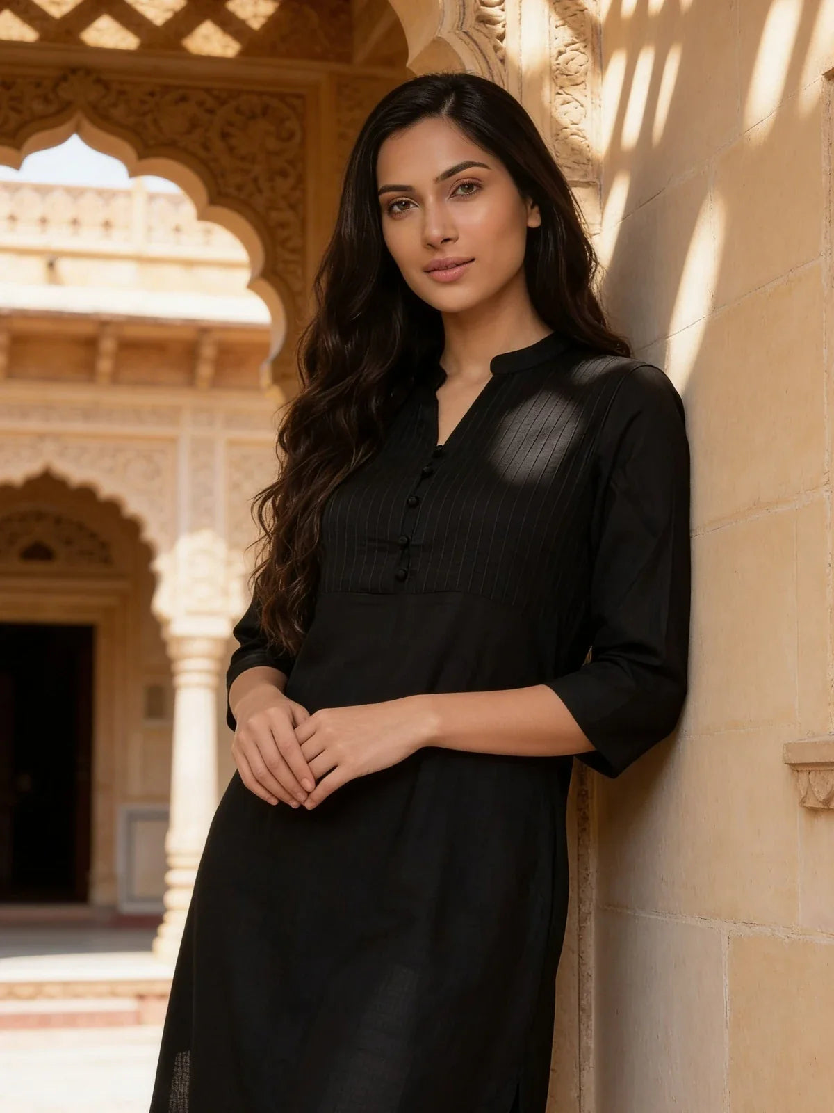 Buy Cotton Solid Straight Knee Length Kurta-Black