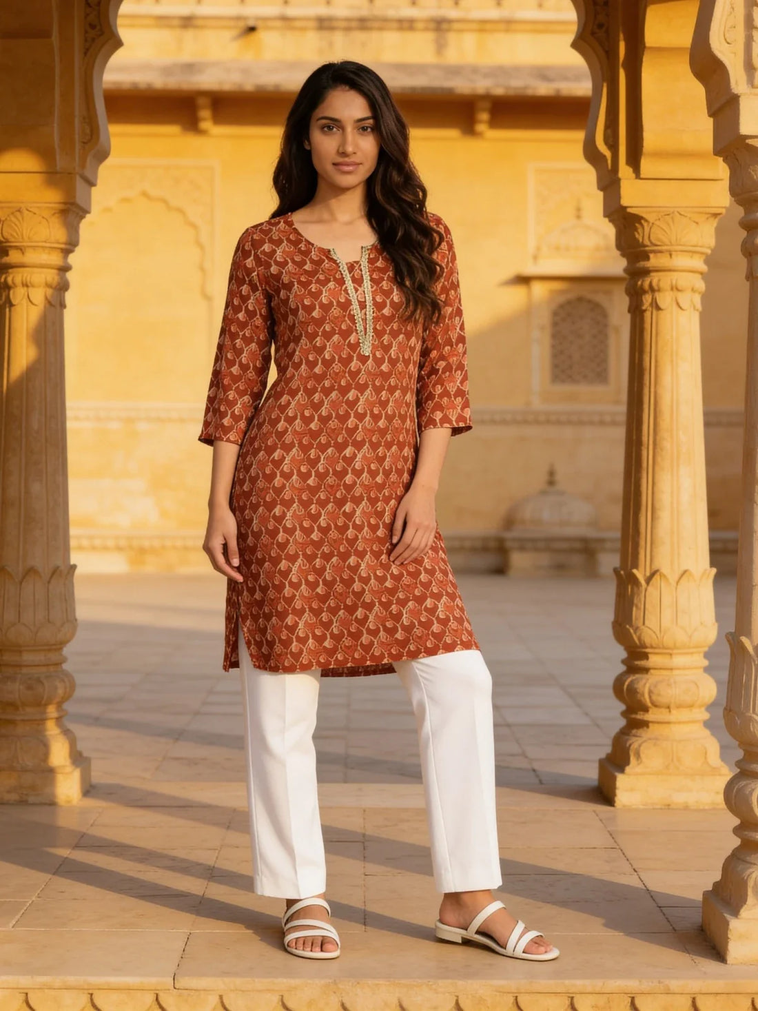 Buy Rayon Printed Straight Knee Length Kurta-Rust