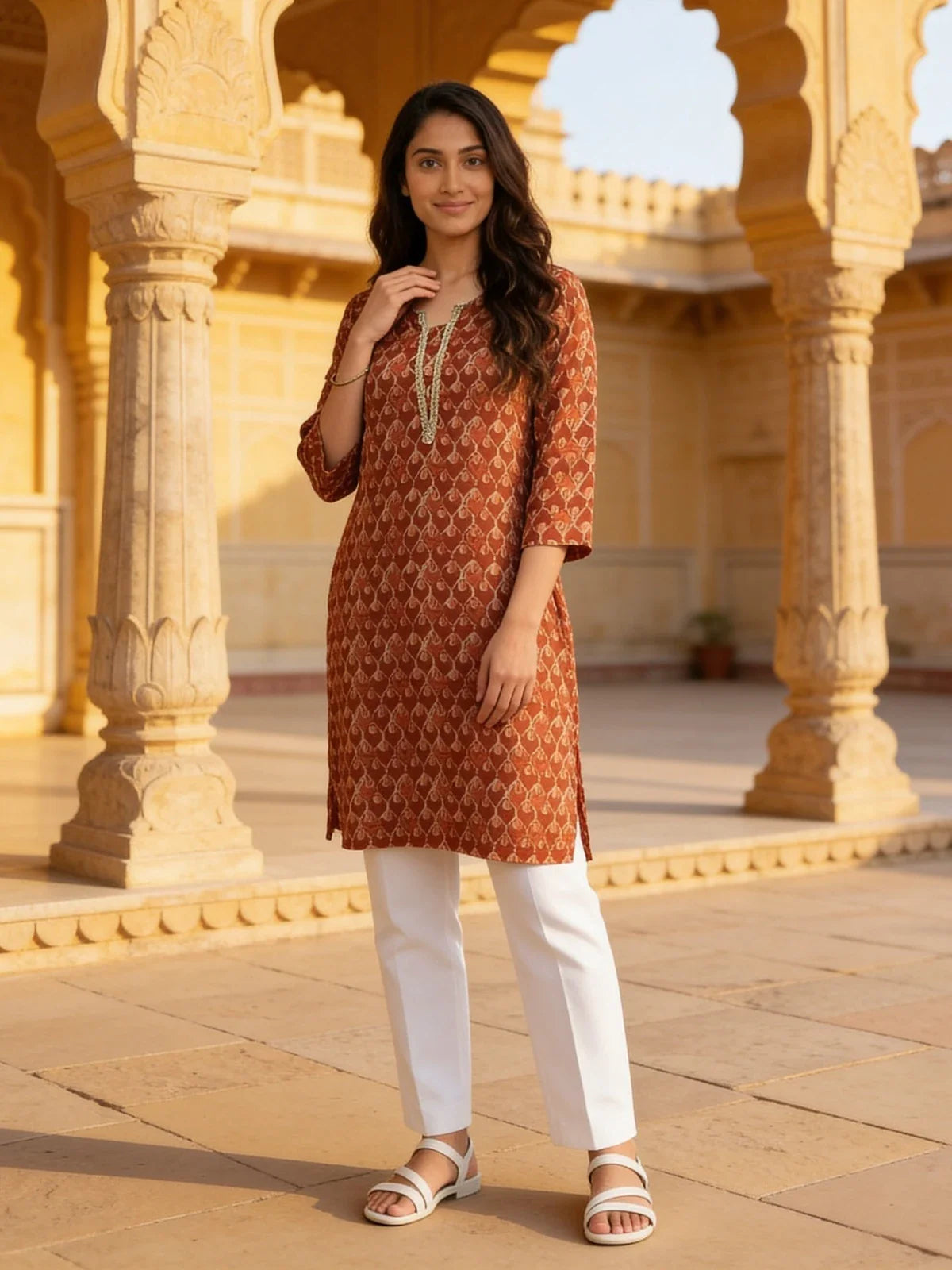 Buy Rayon Printed Straight Knee Length Kurta-Rust