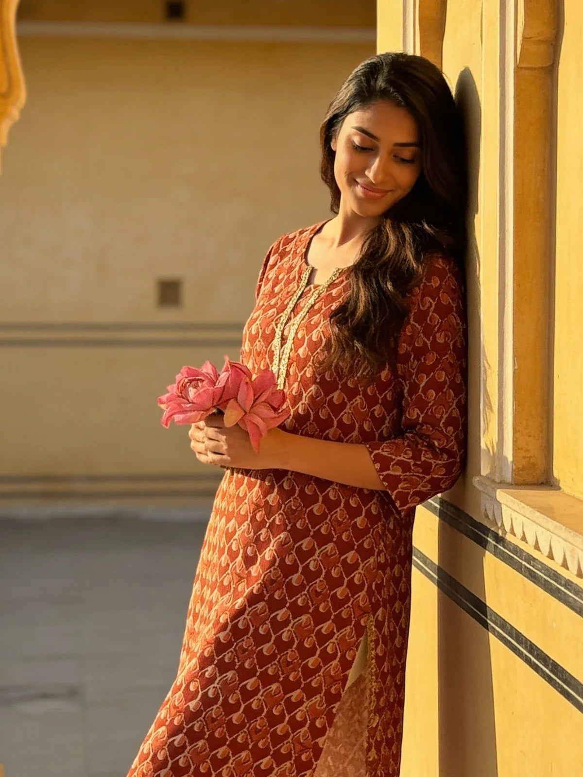 Buy Rayon Printed Straight Knee Length Kurta-Rust