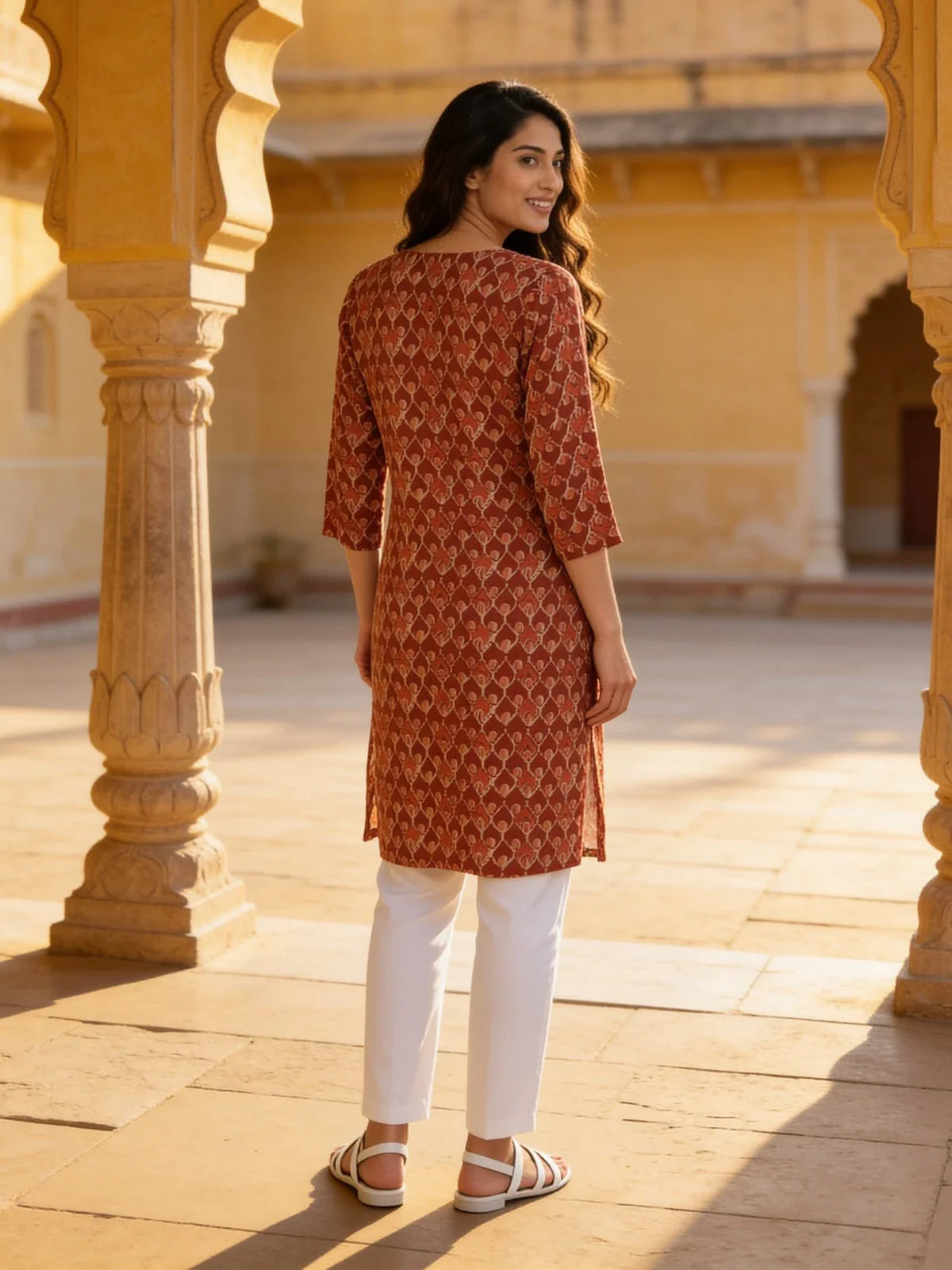 Buy Rayon Printed Straight Knee Length Kurta-Rust