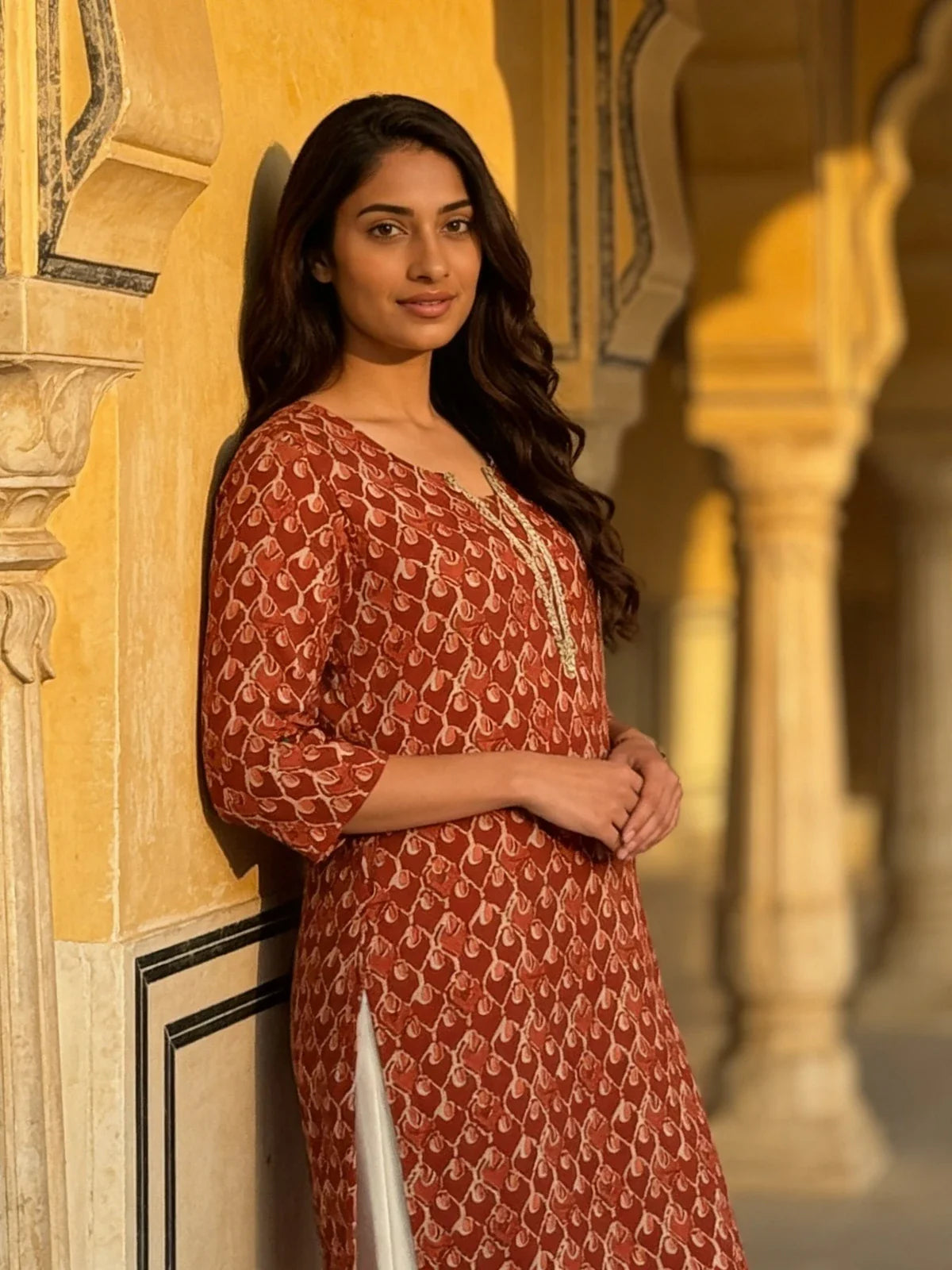 Buy Rayon Printed Straight Knee Length Kurta-Rust