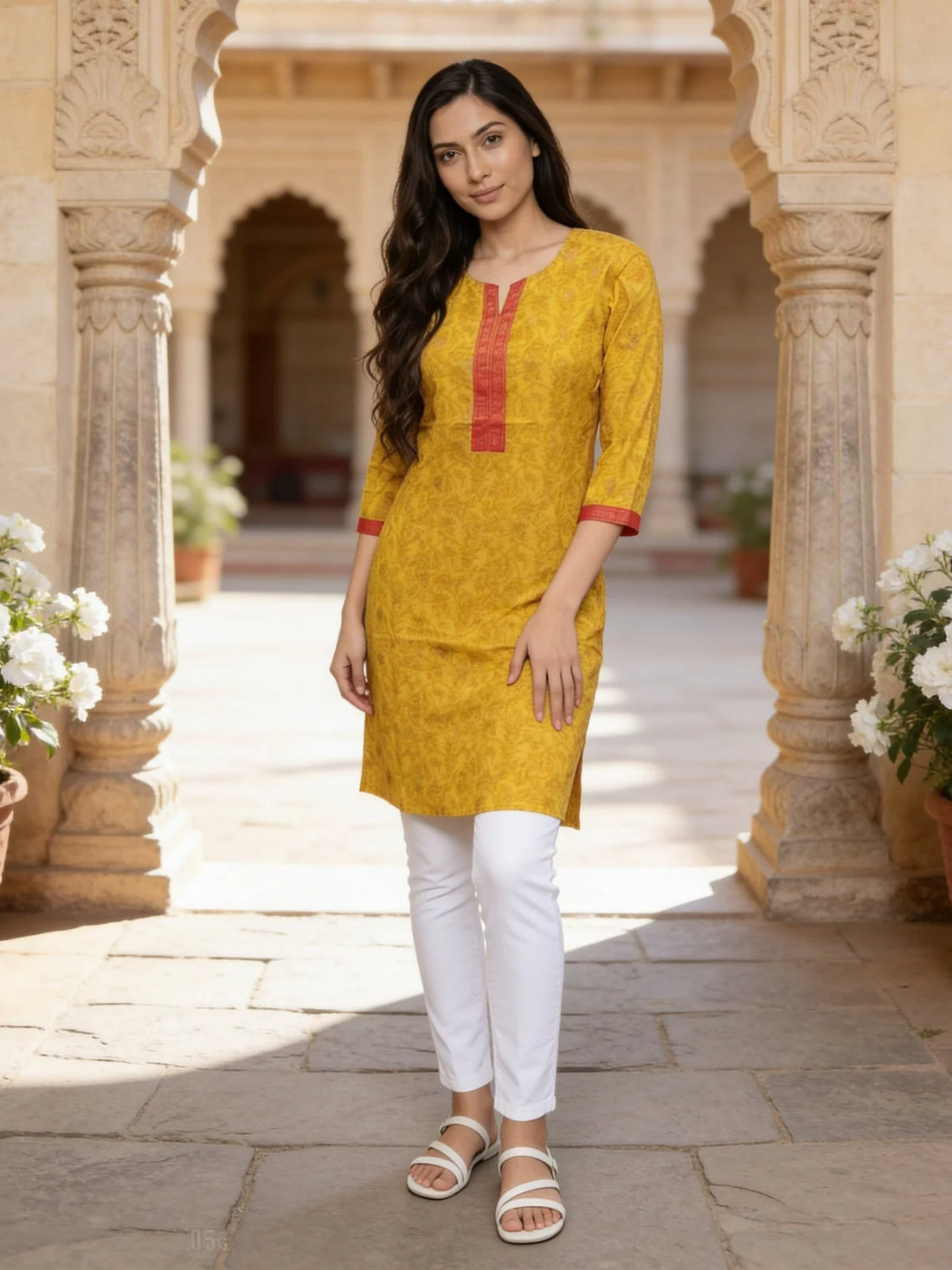 Buy Cotton Printed Straight Knee Length Kurta-Mustard