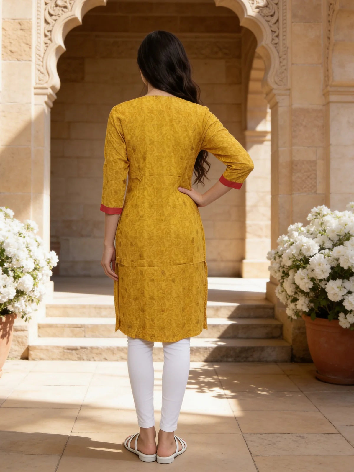 Buy Cotton Printed Straight Knee Length Kurta-Mustard