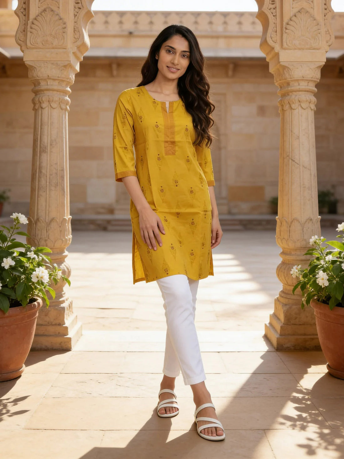 Buy Cotton Printed Straight Knee Length Kurta-Mustard