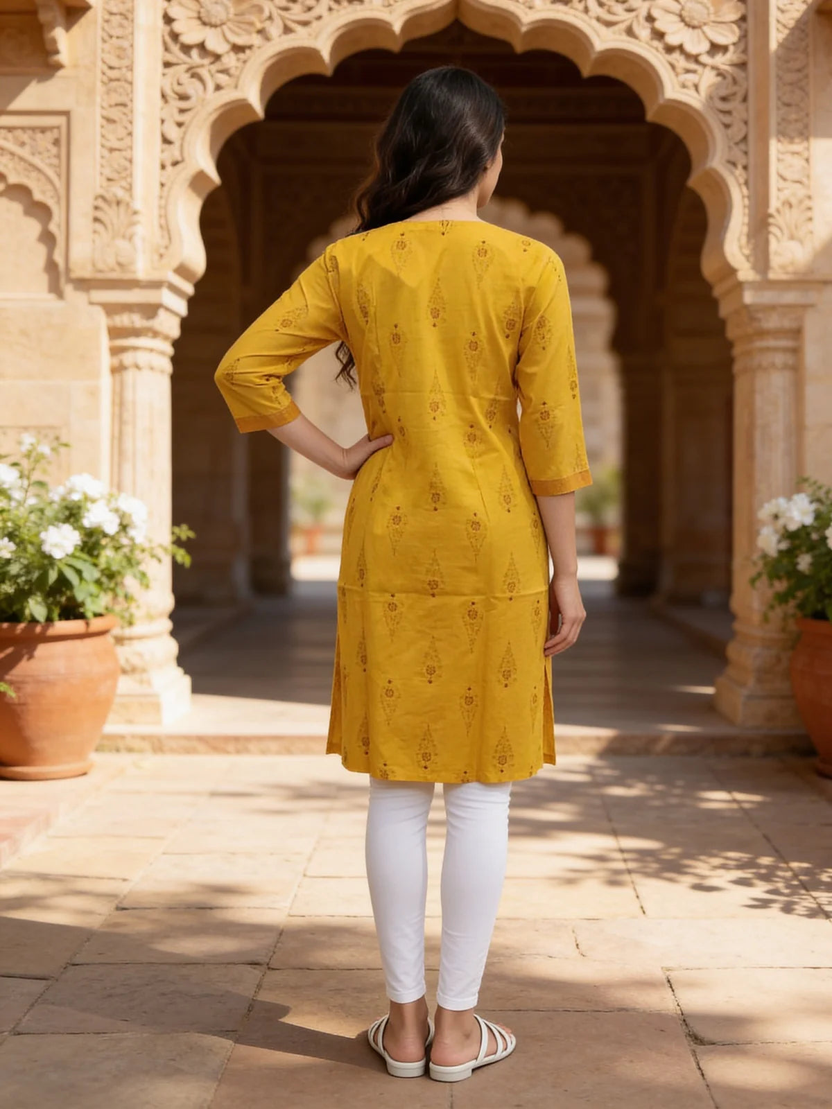 Buy Cotton Printed Straight Knee Length Kurta-Mustard