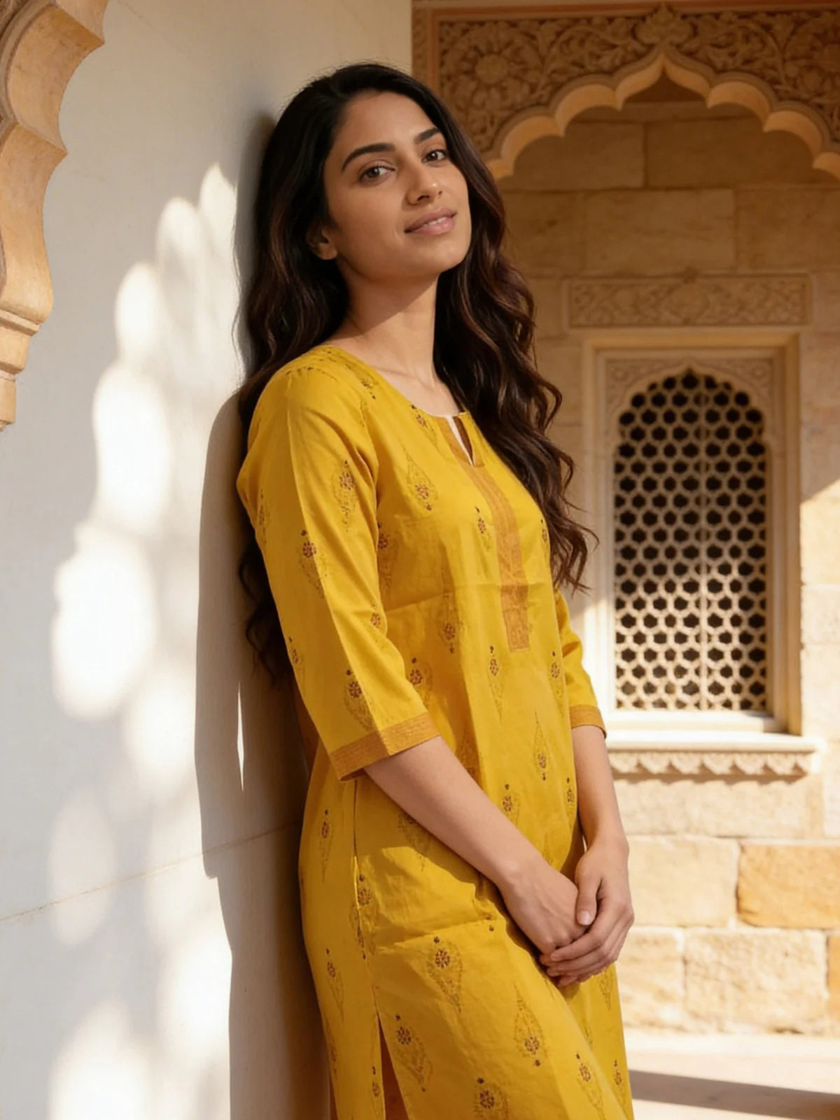 Buy Cotton Printed Straight Knee Length Kurta-Mustard