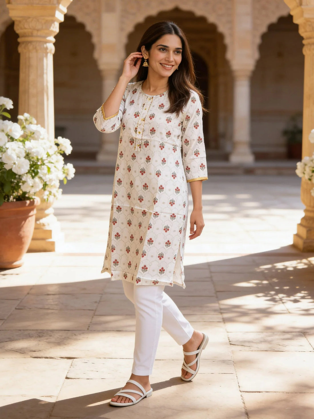 Buy Rayon Printed Straight Knee Length Kurta-Off White