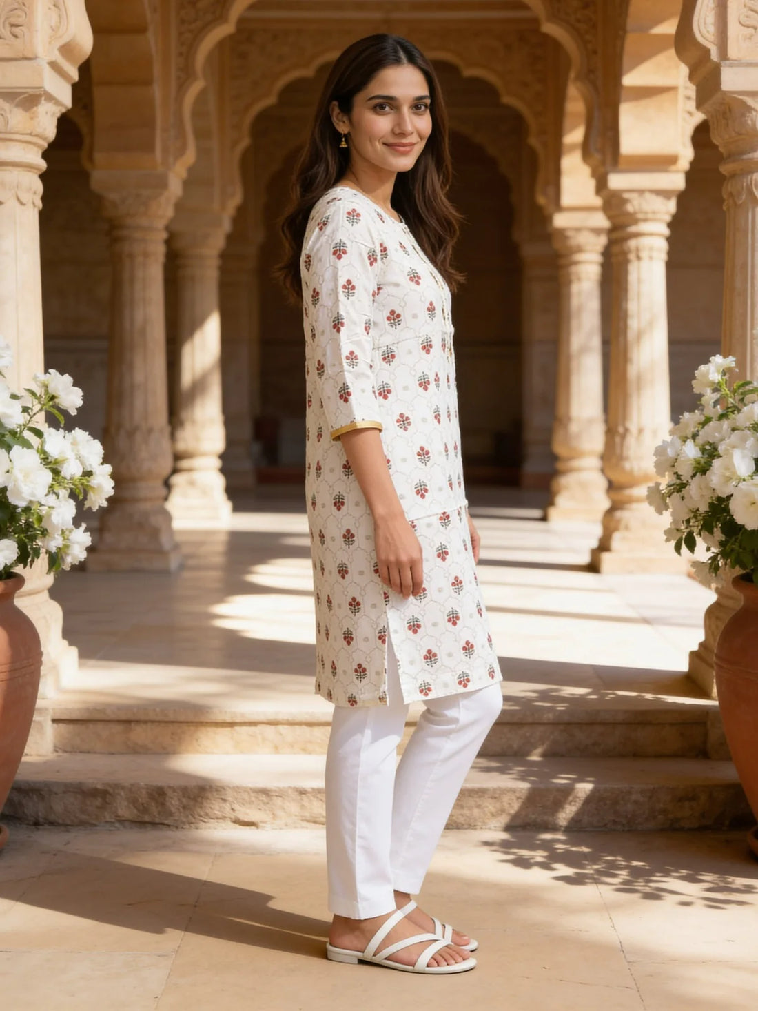 Buy Rayon Printed Straight Knee Length Kurta-Off White