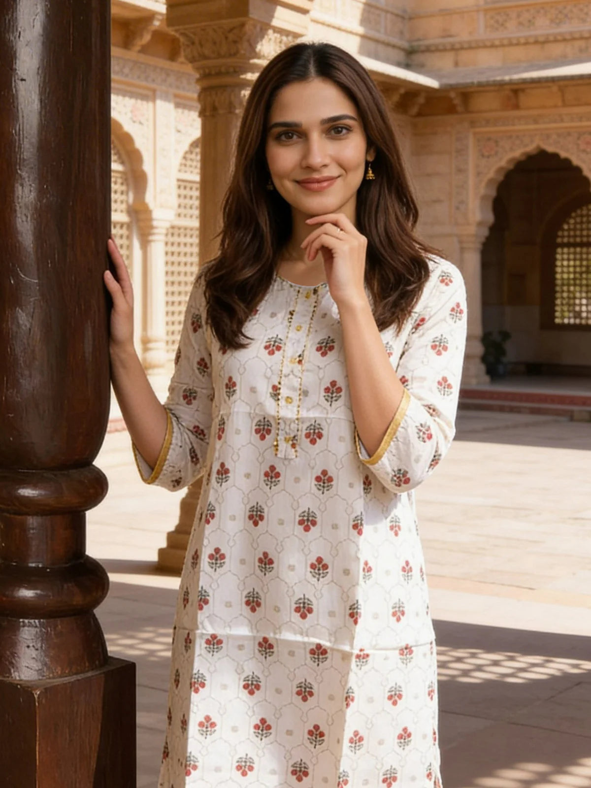 Buy Rayon Printed Straight Knee Length Kurta-Off White