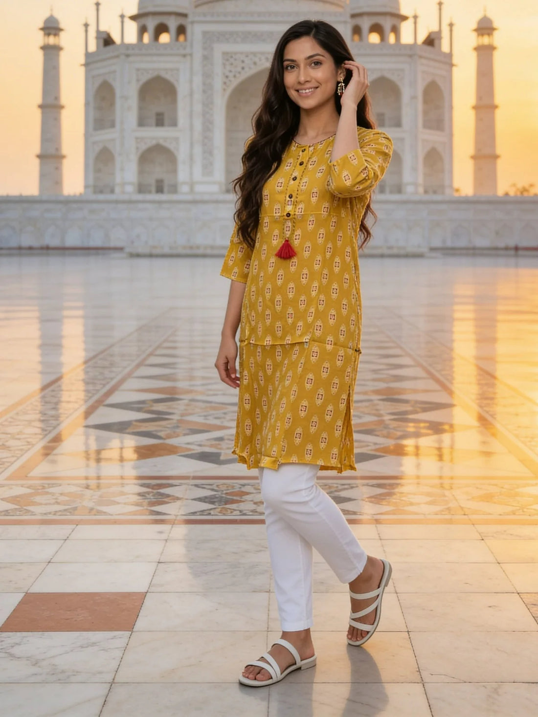Buy Rayon Printed Straight Knee Length Kurta-Yellow