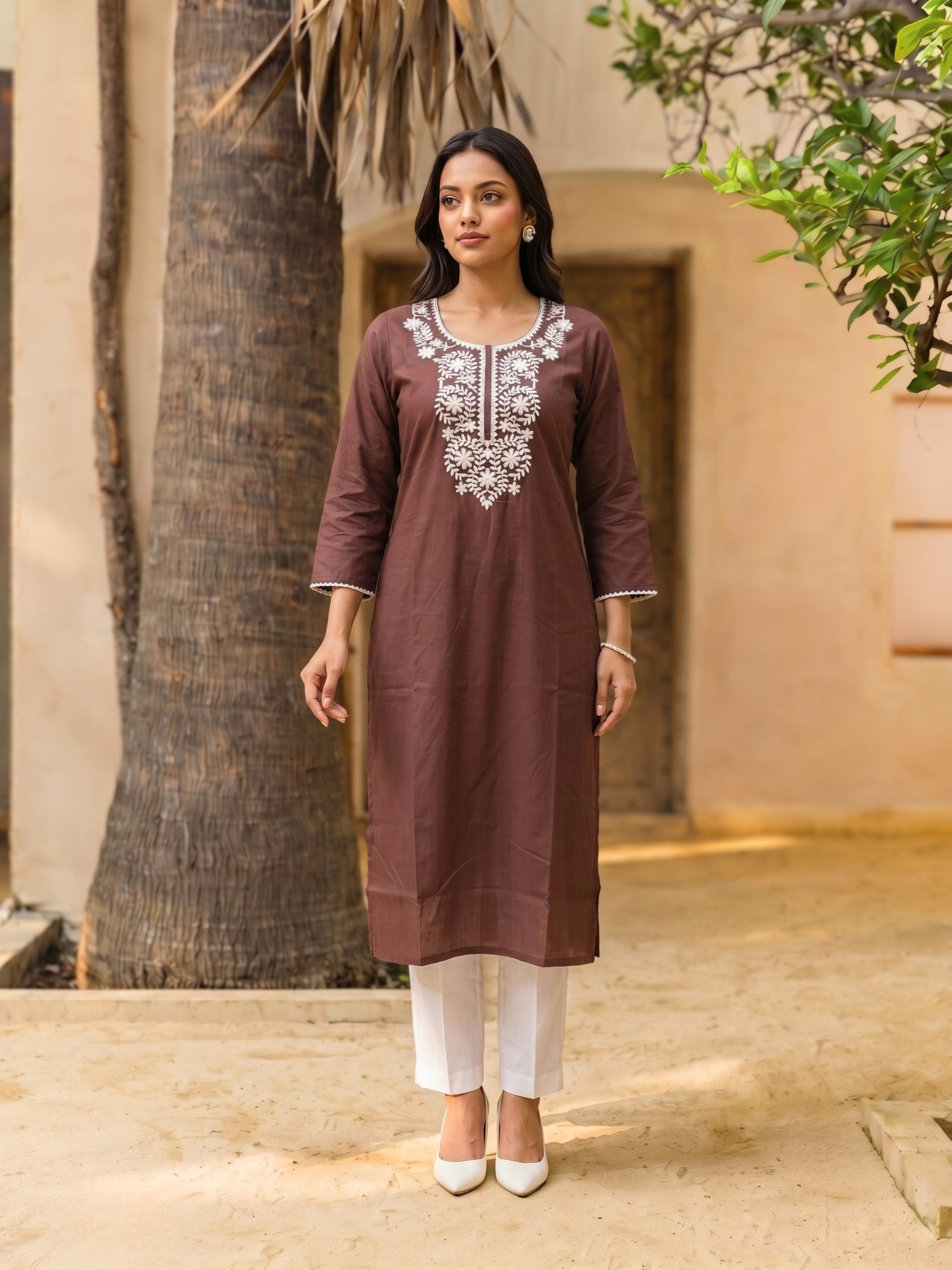 Buy Rayon Embroidered Straight Calf Length Kurta-Brown
