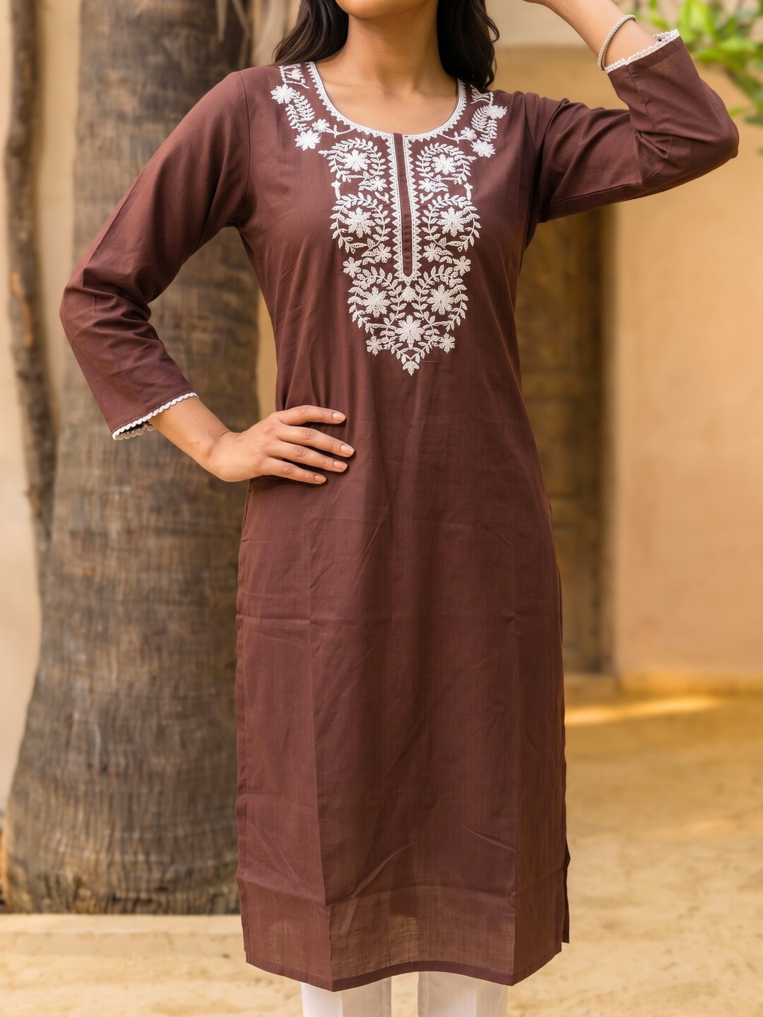 Buy Rayon Embroidered Straight Calf Length Kurta-Brown