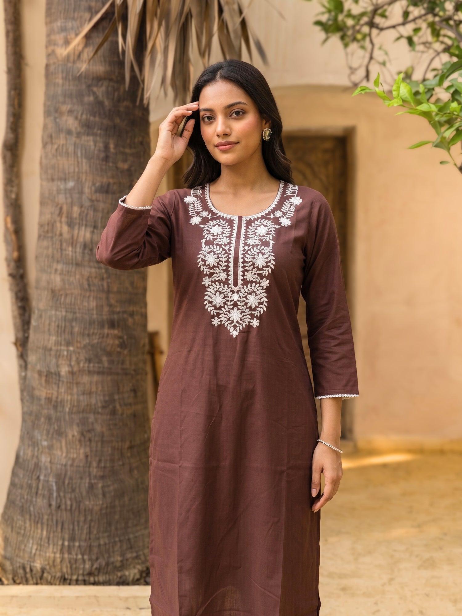 Buy Rayon Embroidered Straight Calf Length Kurta-Brown