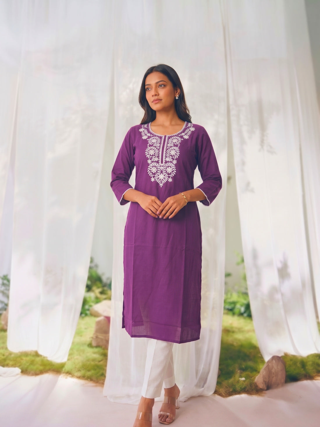 Buy Rayon Embroidered Straight Calf Length Kurta-Wine