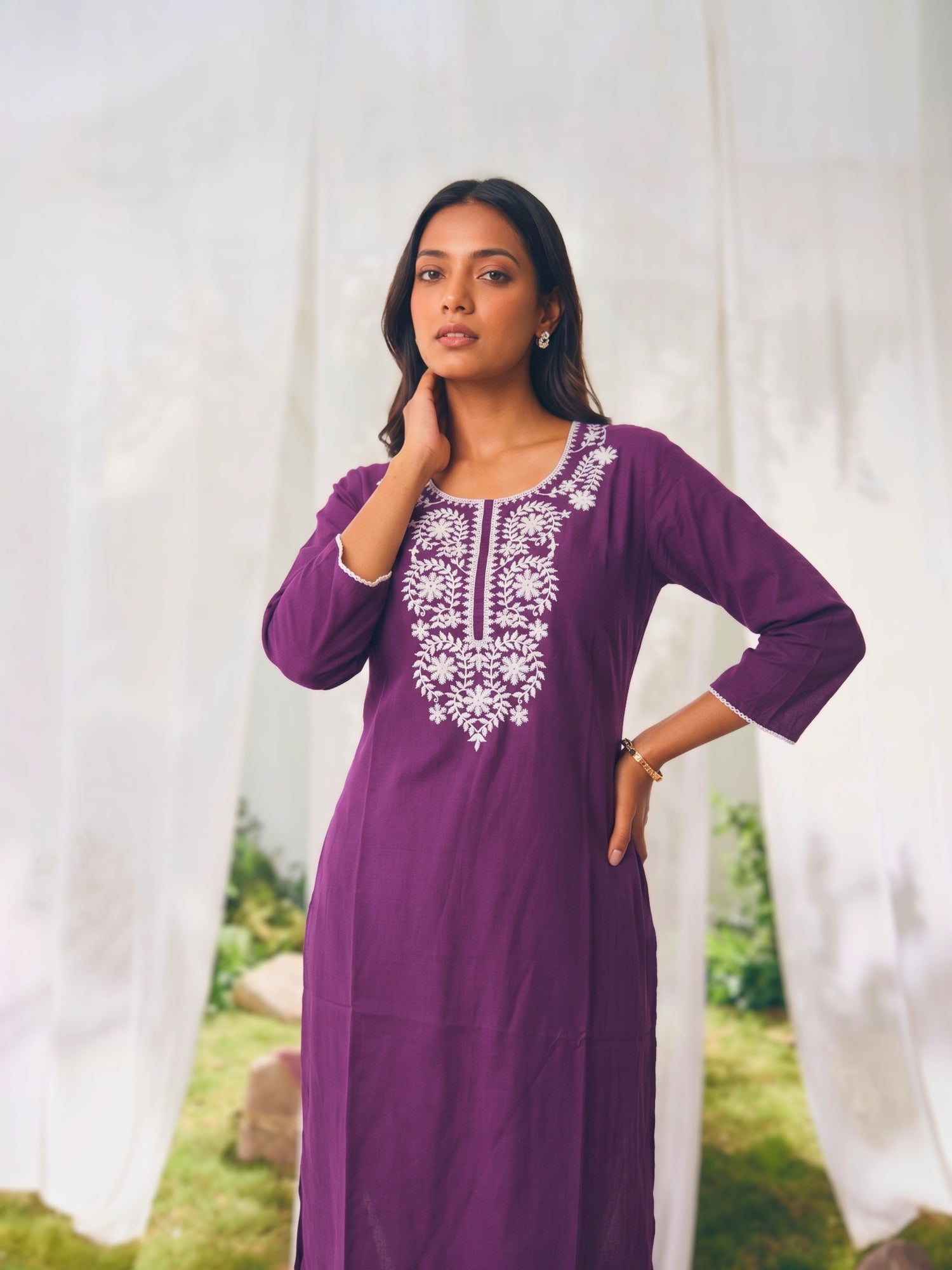Buy Rayon Embroidered Straight Calf Length Kurta-Wine
