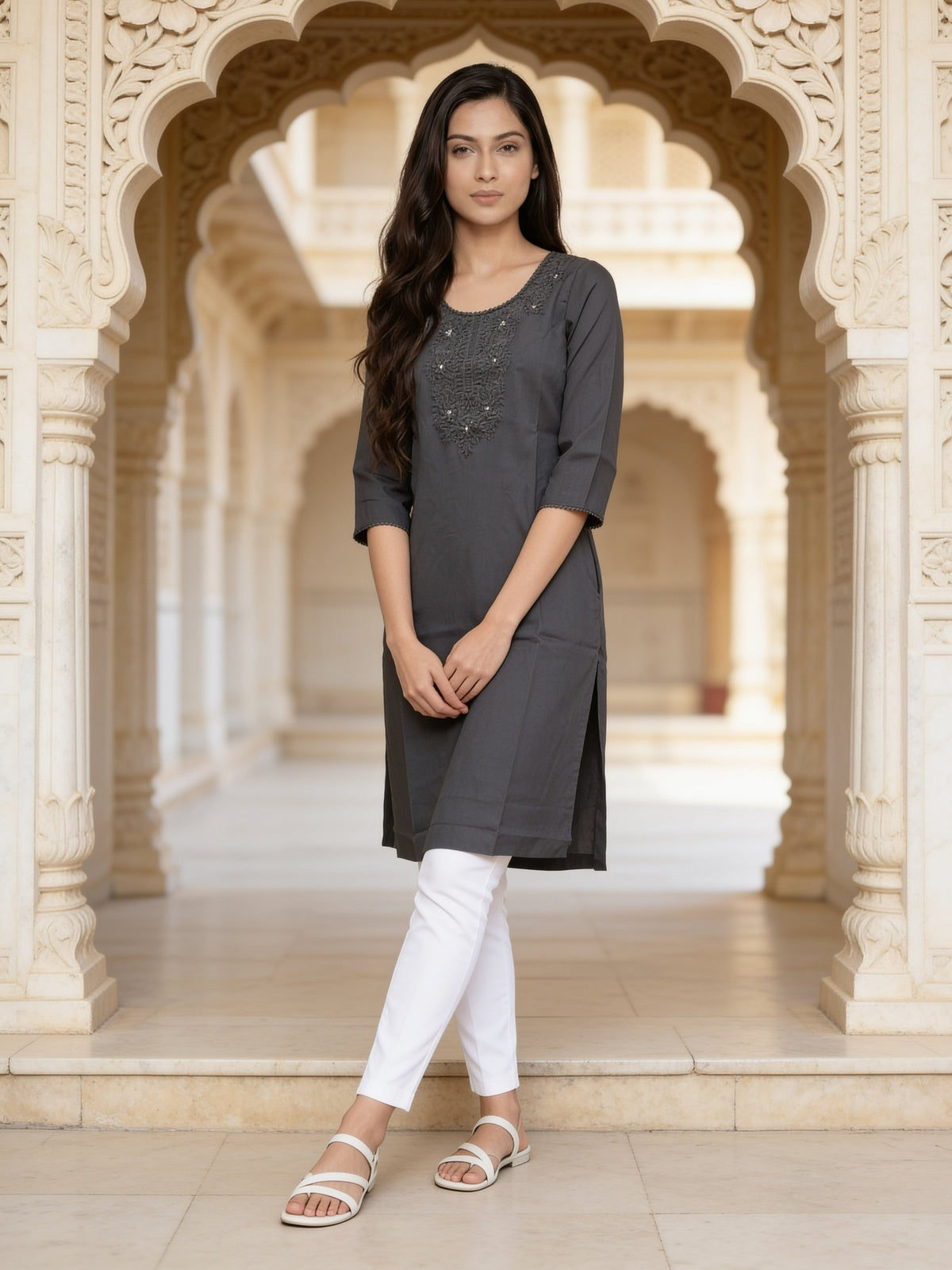 Buy Rayon Embroidered Straight Knee Length Kurta-Black