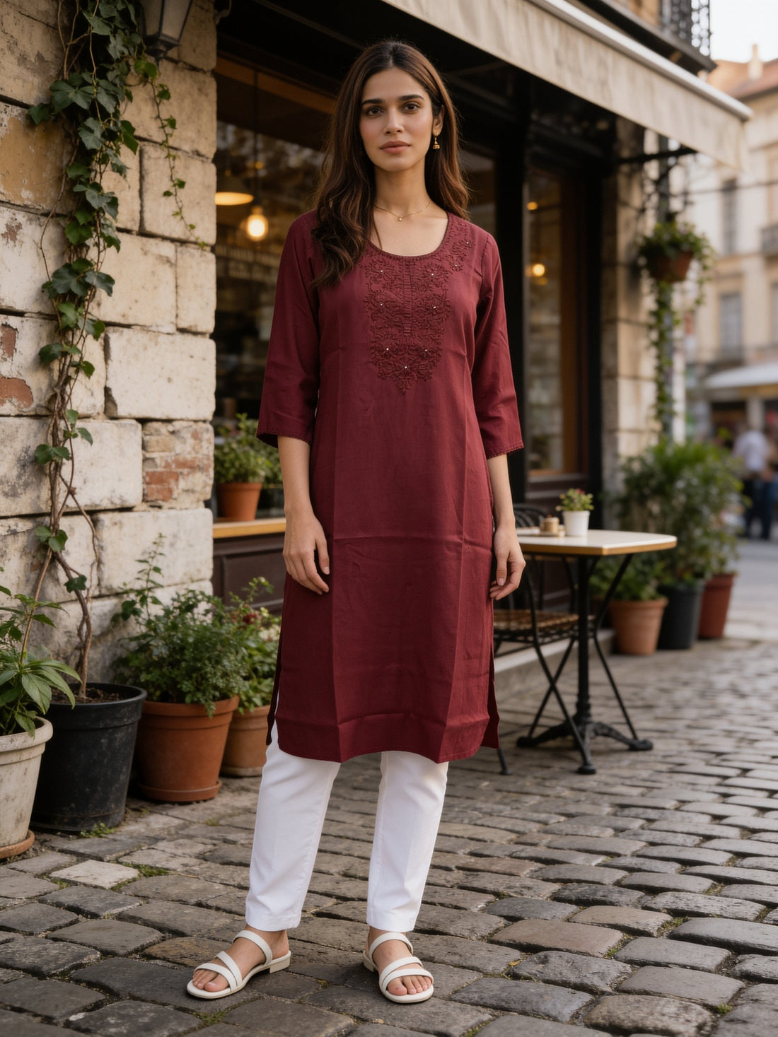 Buy Rayon Embroidered Straight Knee Length Kurta-Maroon