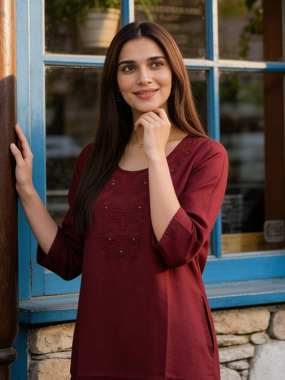 Buy Rayon Embroidered Straight Knee Length Kurta-Maroon