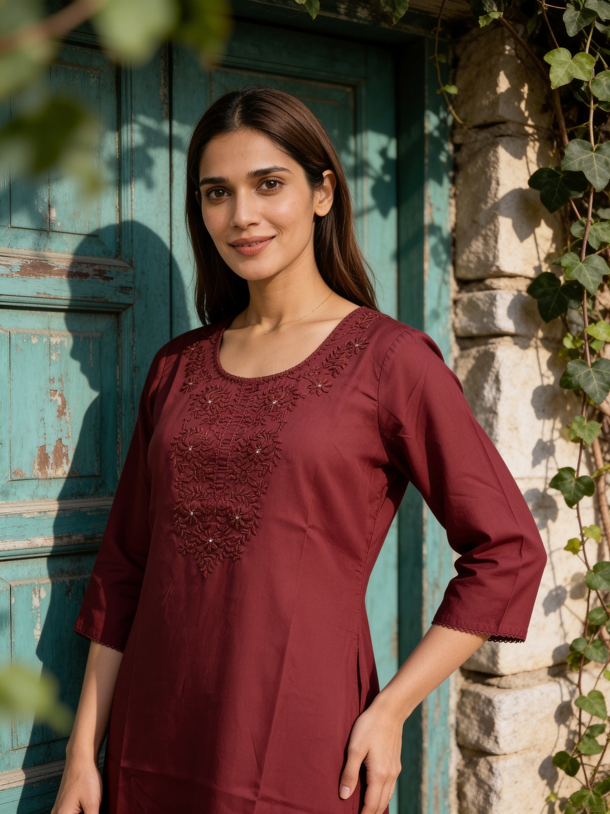 Buy Rayon Embroidered Straight Knee Length Kurta-Maroon