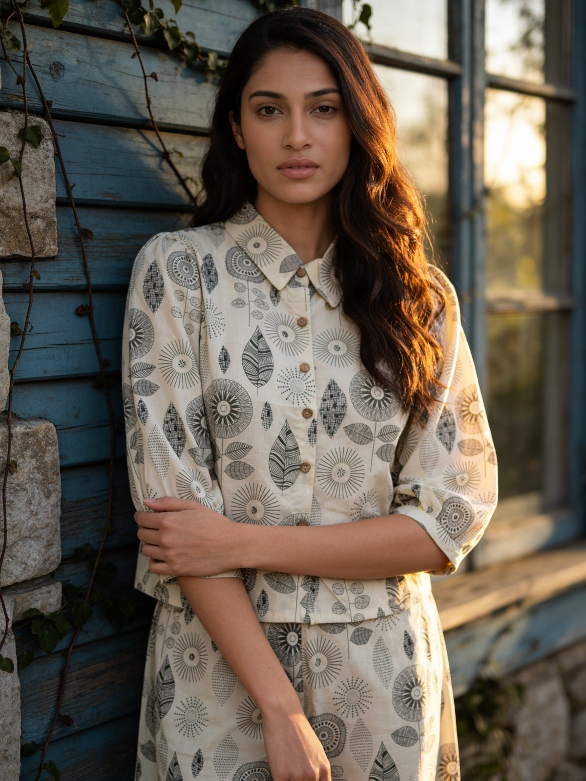 Buy Cotton Printed A-Line Co-Ord Set-Beige