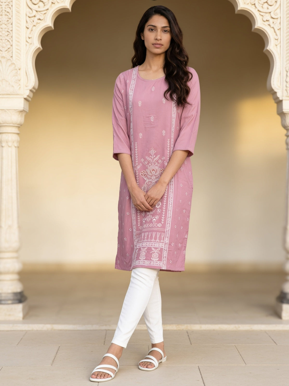 Buy Rayon Printed Straight Knee Length Kurta-Mauve