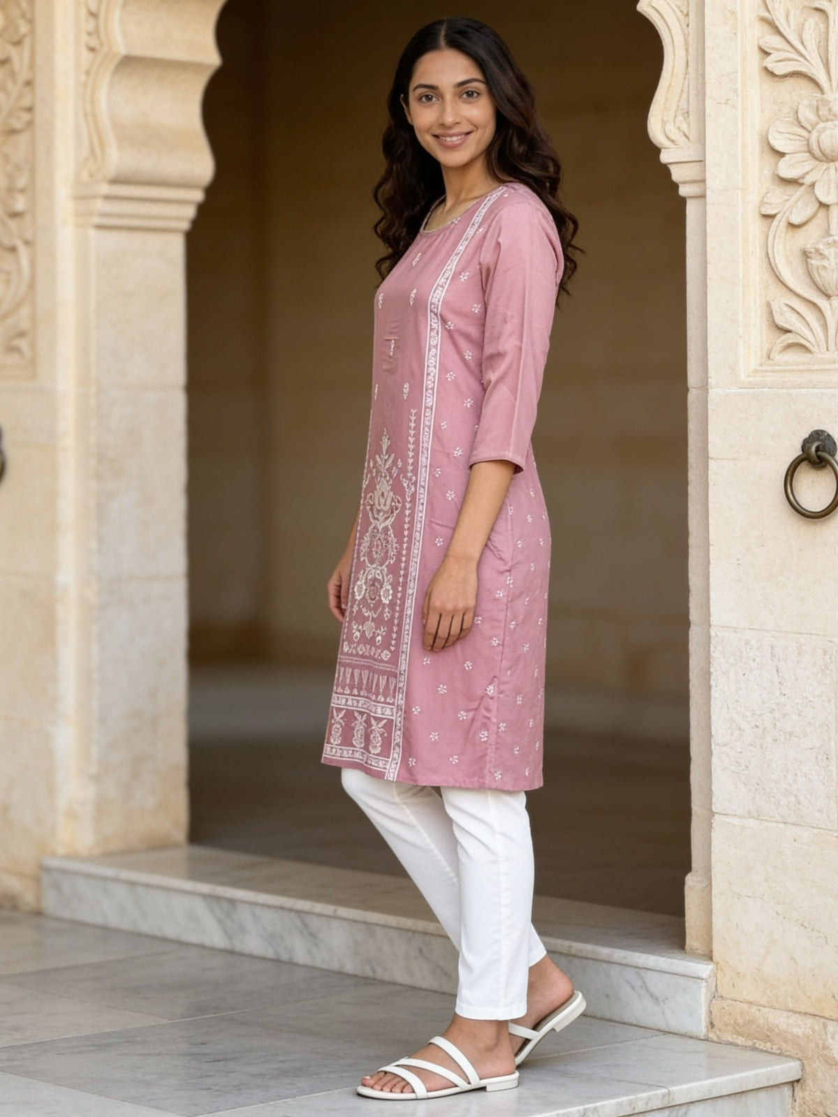 Buy Rayon Printed Straight Knee Length Kurta-Mauve