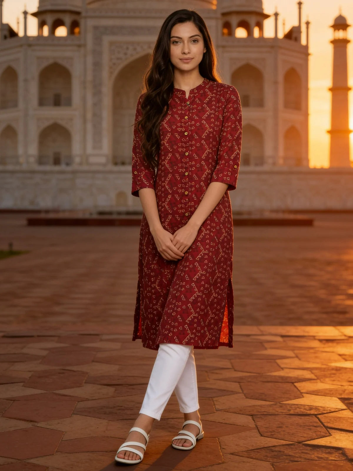 Buy Rayon Printed Straight Calf Length Kurta-Maroon