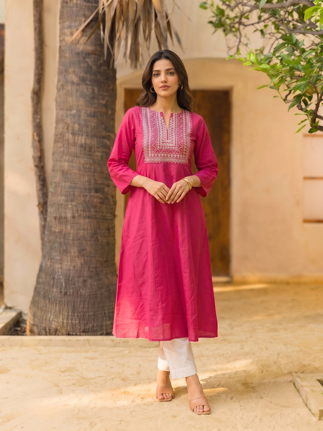 Buy Viscose Embroidered Straight Calf Length Kurta-Fuchsia