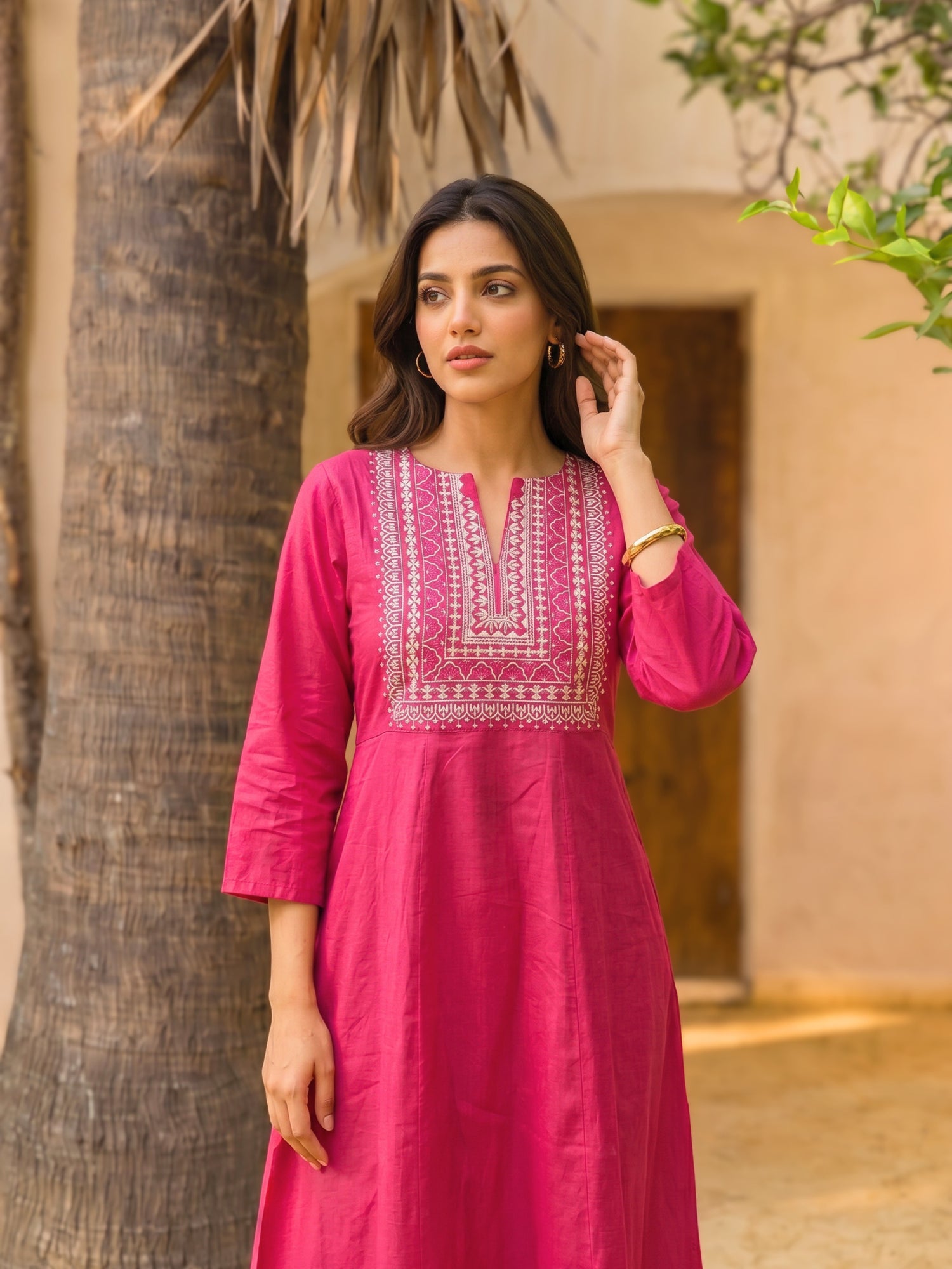 Buy Viscose Embroidered Straight Calf Length Kurta-Fuchsia