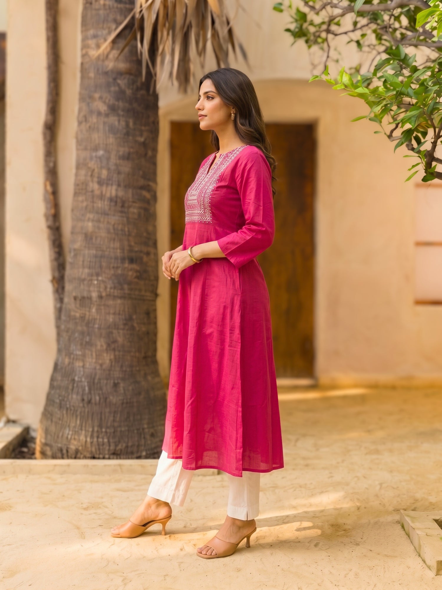 Buy Viscose Embroidered Straight Calf Length Kurta-Fuchsia