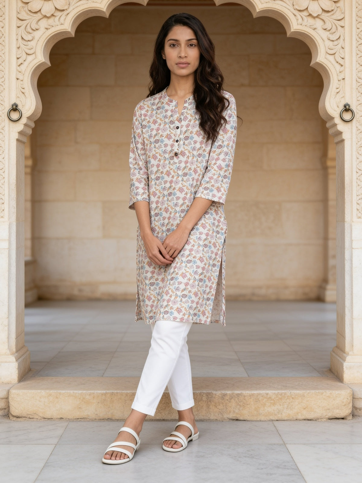Buy Rayon Printed Straight Calf Length Kurta-Off White