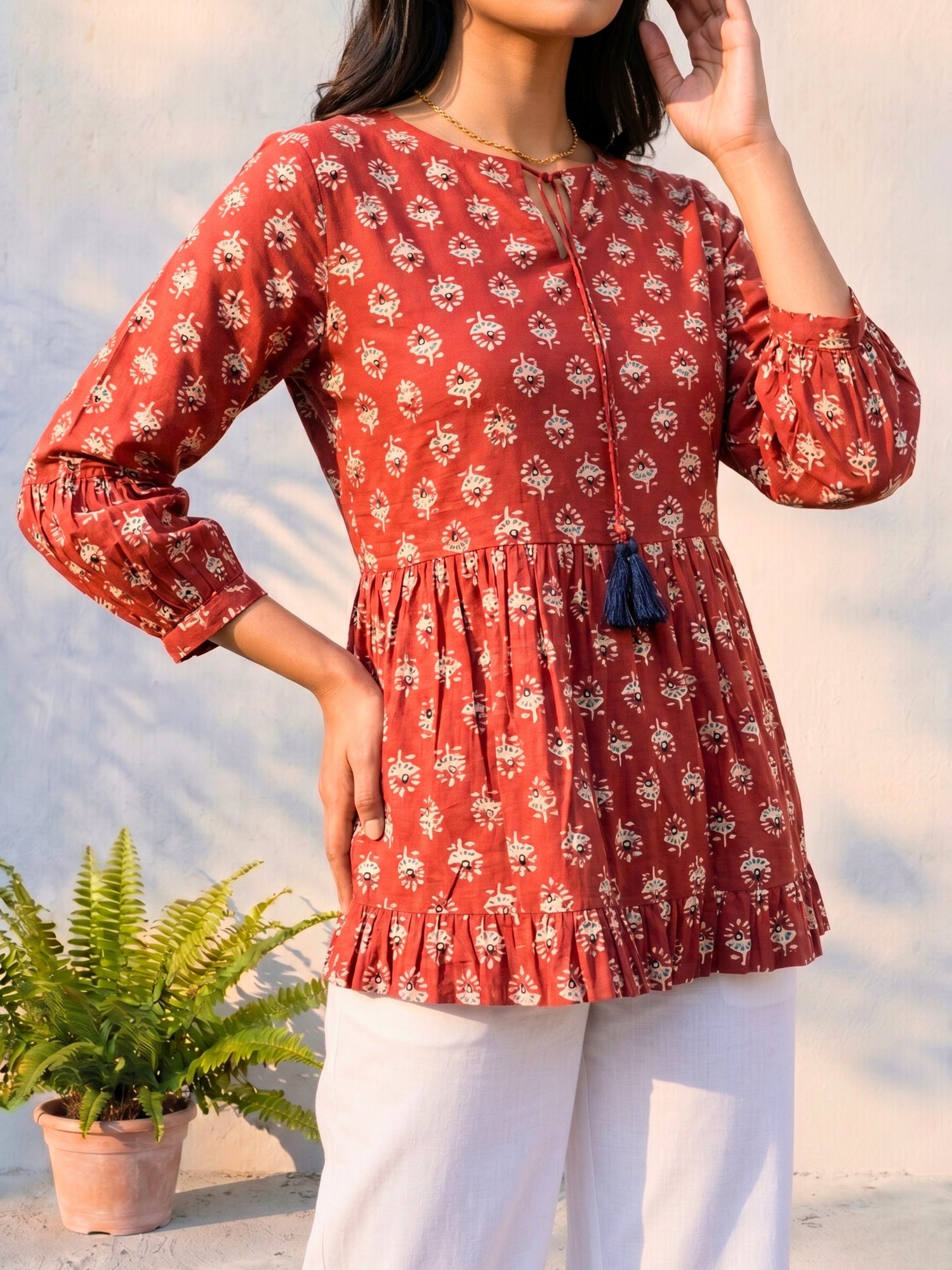 Buy Cotton Printed Straight Short Length Short Kurta-Maroon