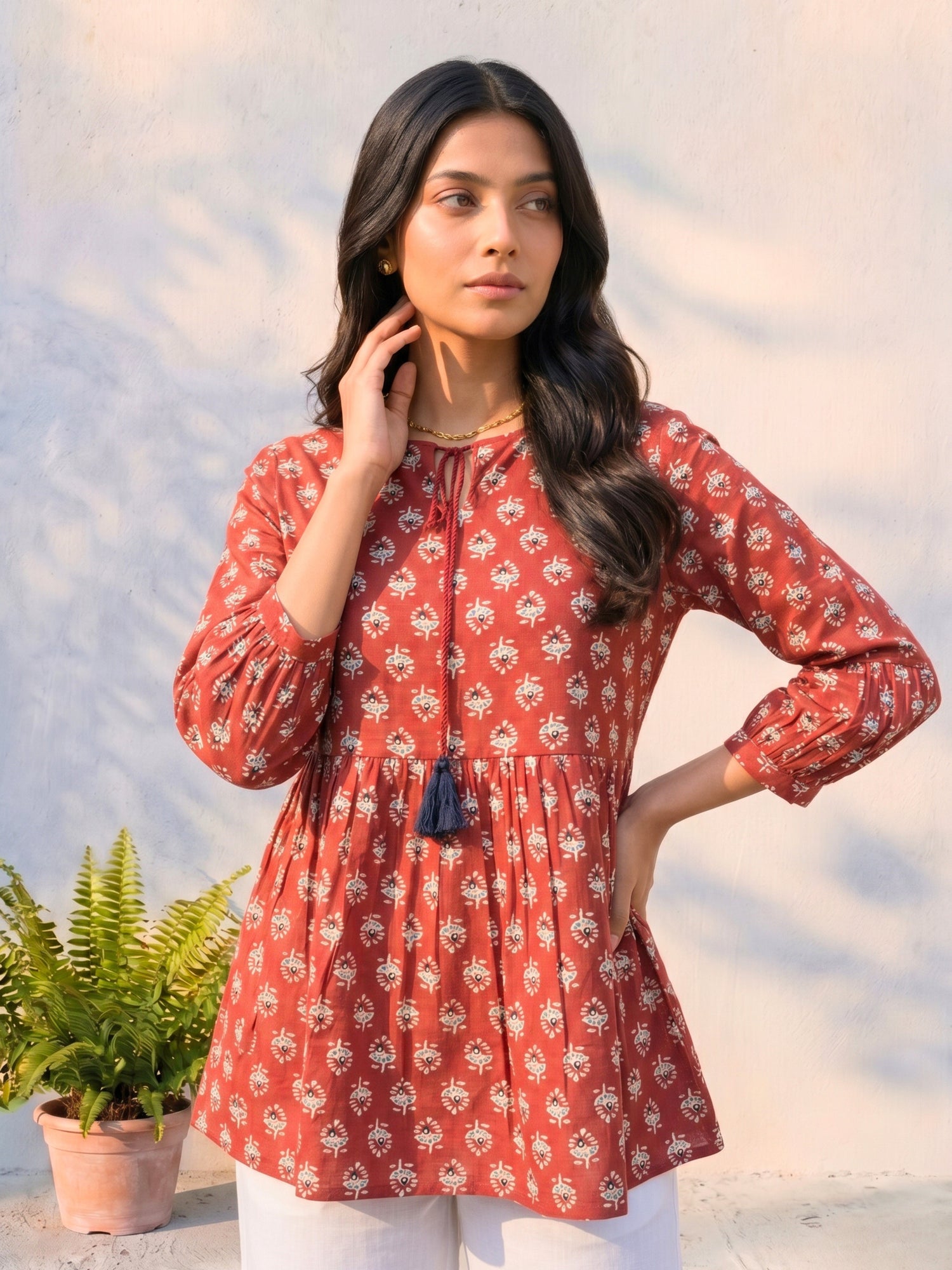 Buy Cotton Printed Straight Short Length Short Kurta-Maroon