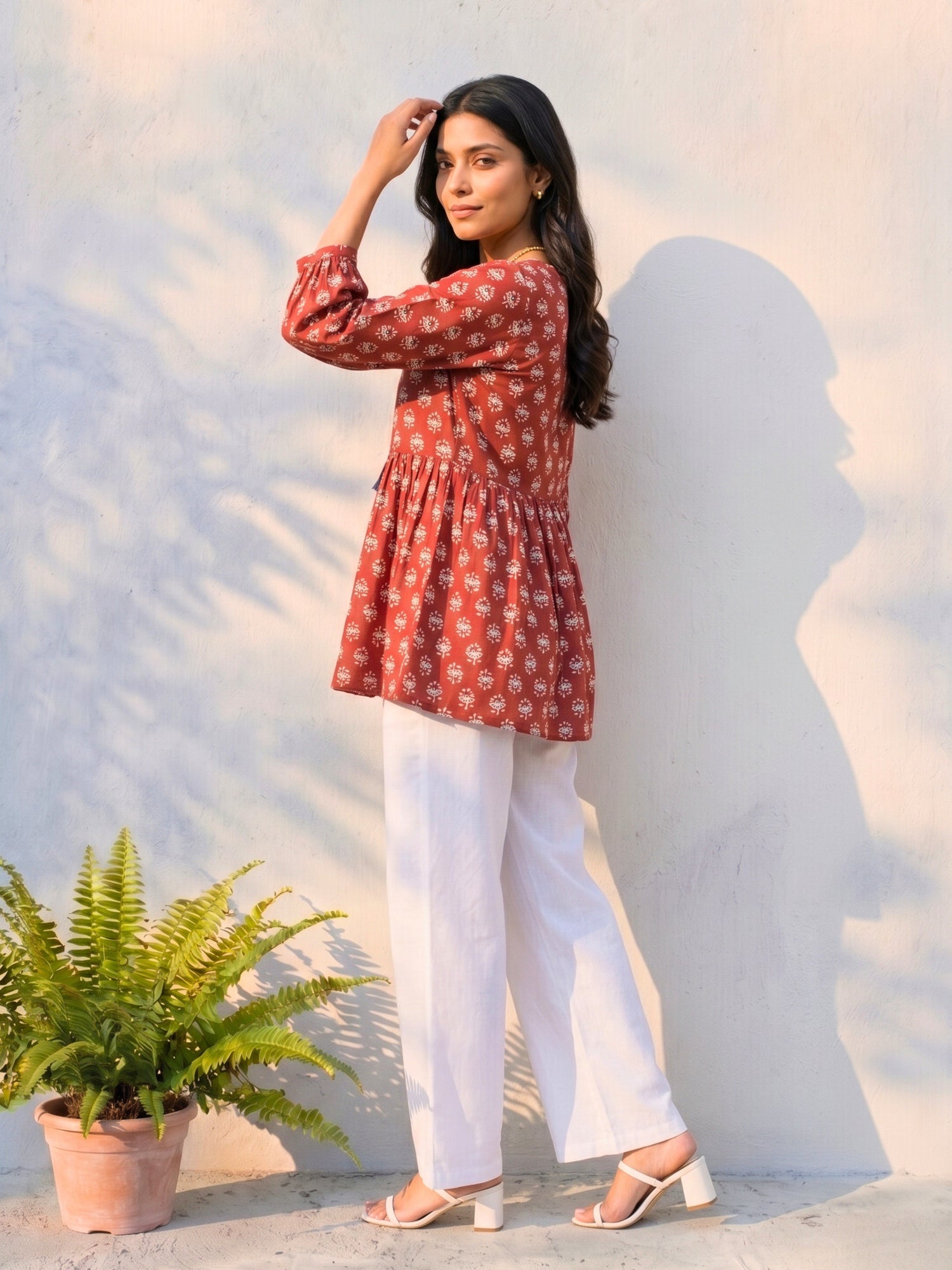 Buy Cotton Printed Straight Short Length Short Kurta-Maroon