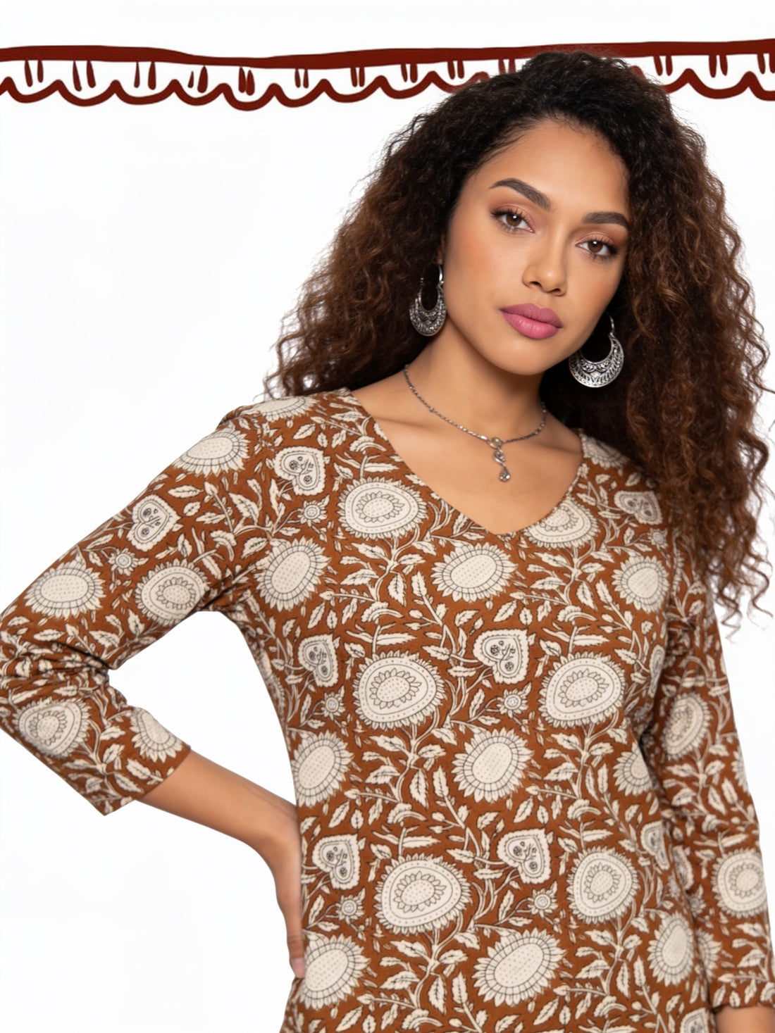 Buy Cotton Printed Straight Thigh Length Tunic-Brown