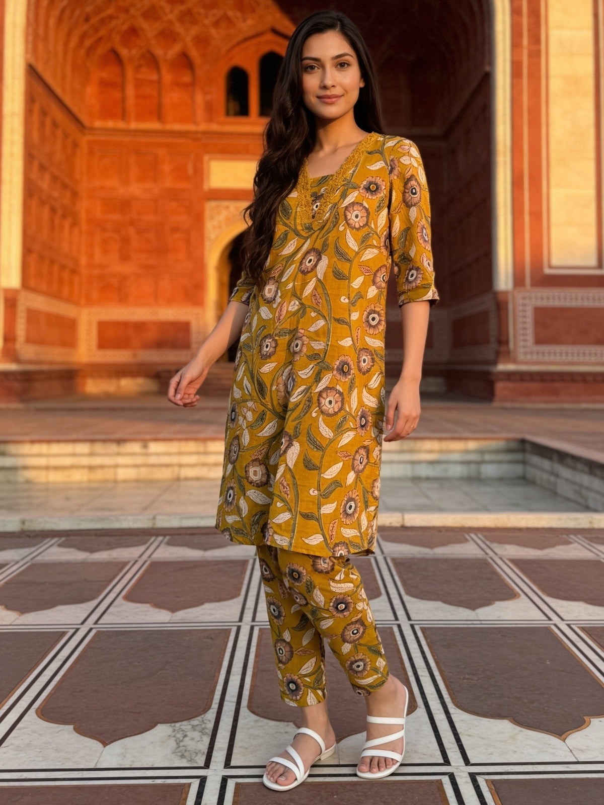 Buy Cotton Printed Straight Co-Ord Set-Mustard