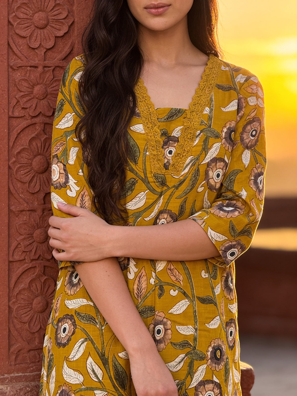 Buy Cotton Printed Straight Co-Ord Set-Mustard