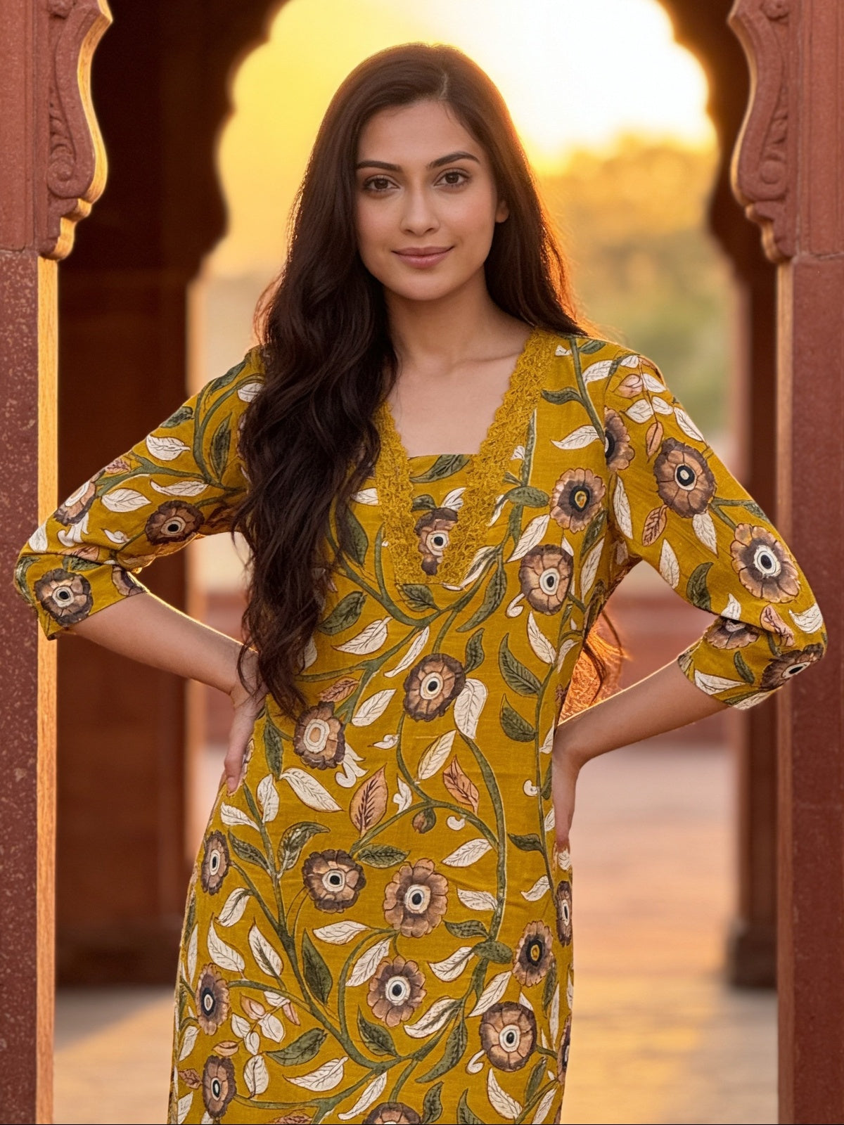 Buy Cotton Printed Straight Co-Ord Set-Mustard
