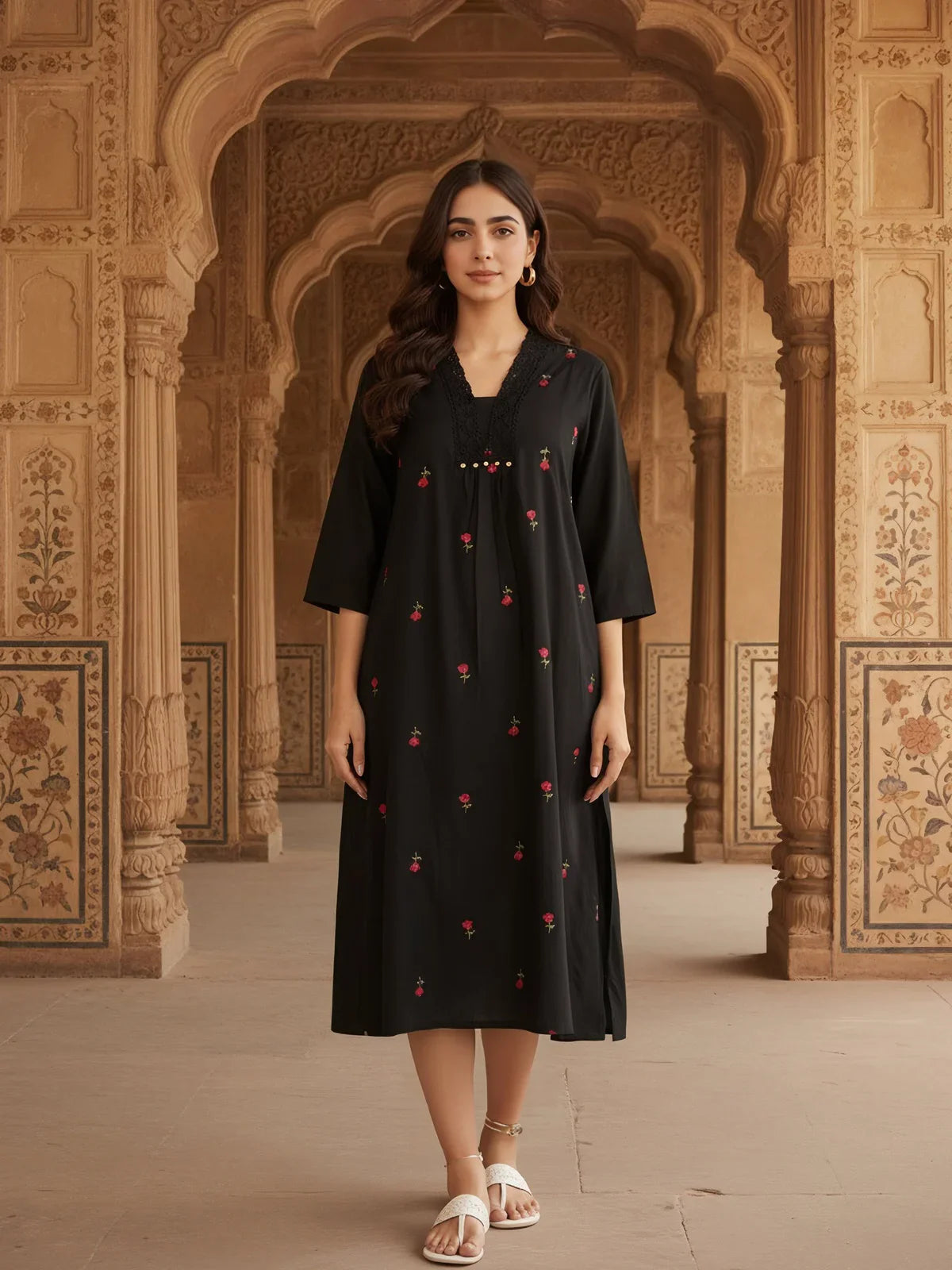 Buy Cotton Flex Embroidered Flared Calf Length Dress-Black