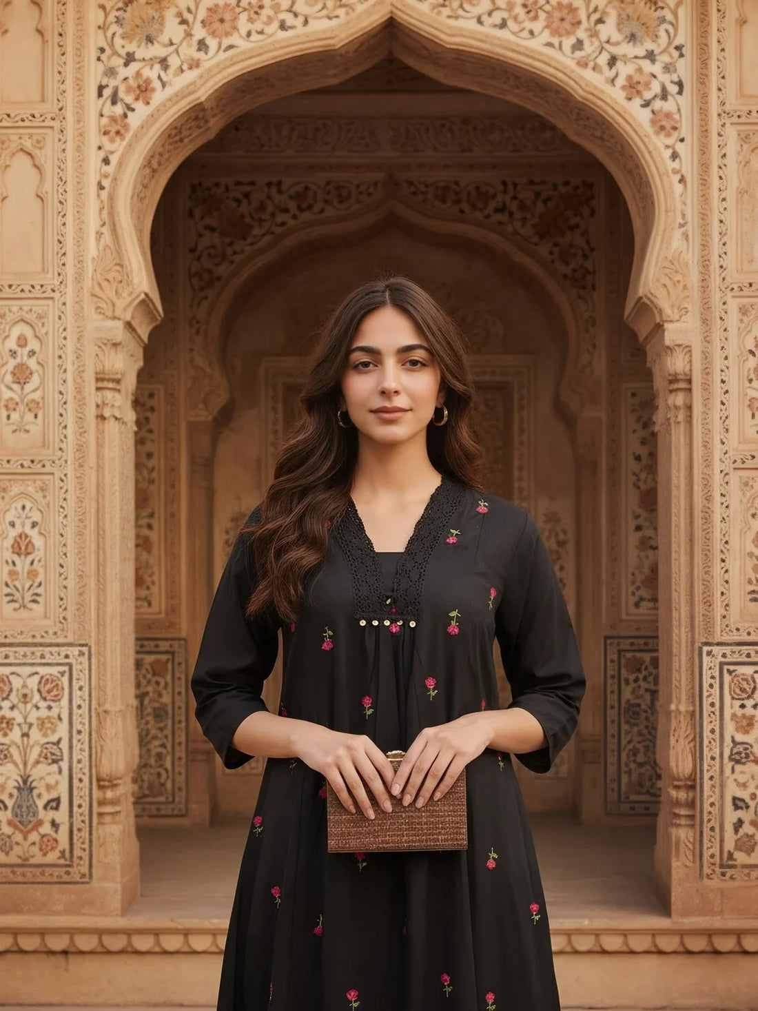 Buy Cotton Flex Embroidered Flared Calf Length Dress-Black